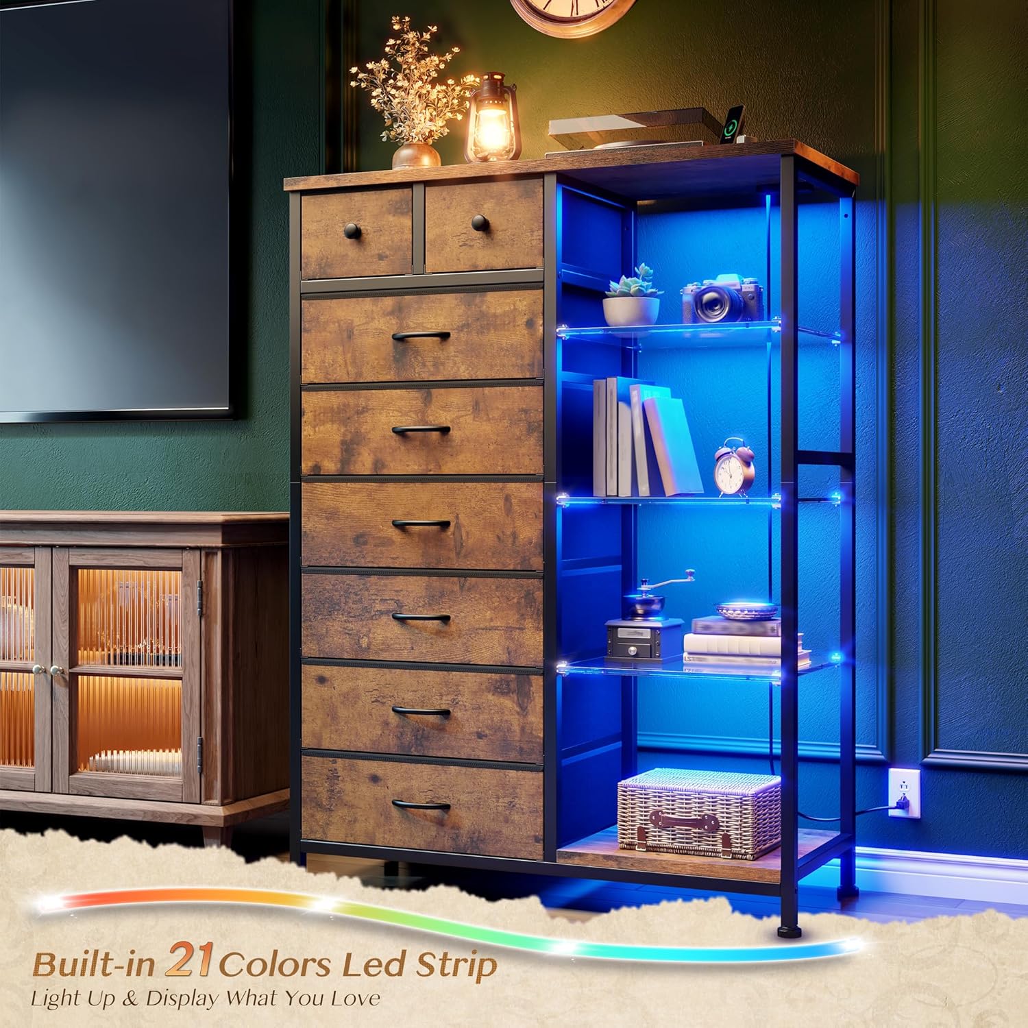Dresser with LED lights installed and illuminated in blue