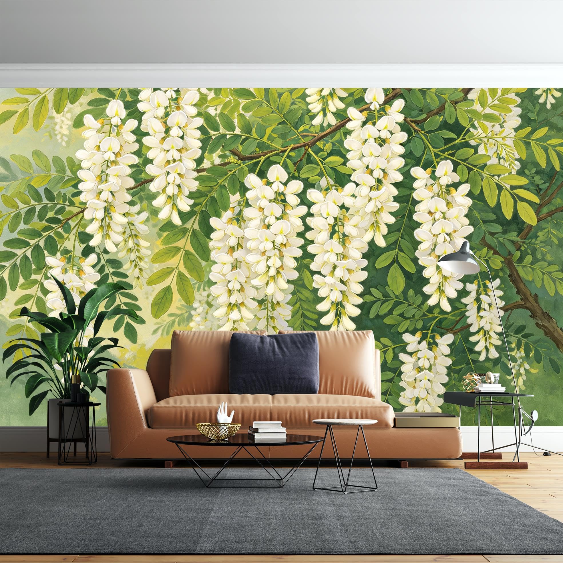 Papier Peint Mural Aquarelle De Fleurs Blanches, Vinyle Autocollant 280 X 180 cm (L X H), Amovible, Imperméable, Grand Format, Motif Botanique, Idéal pour La Décoration De Chambre ou De Salon.