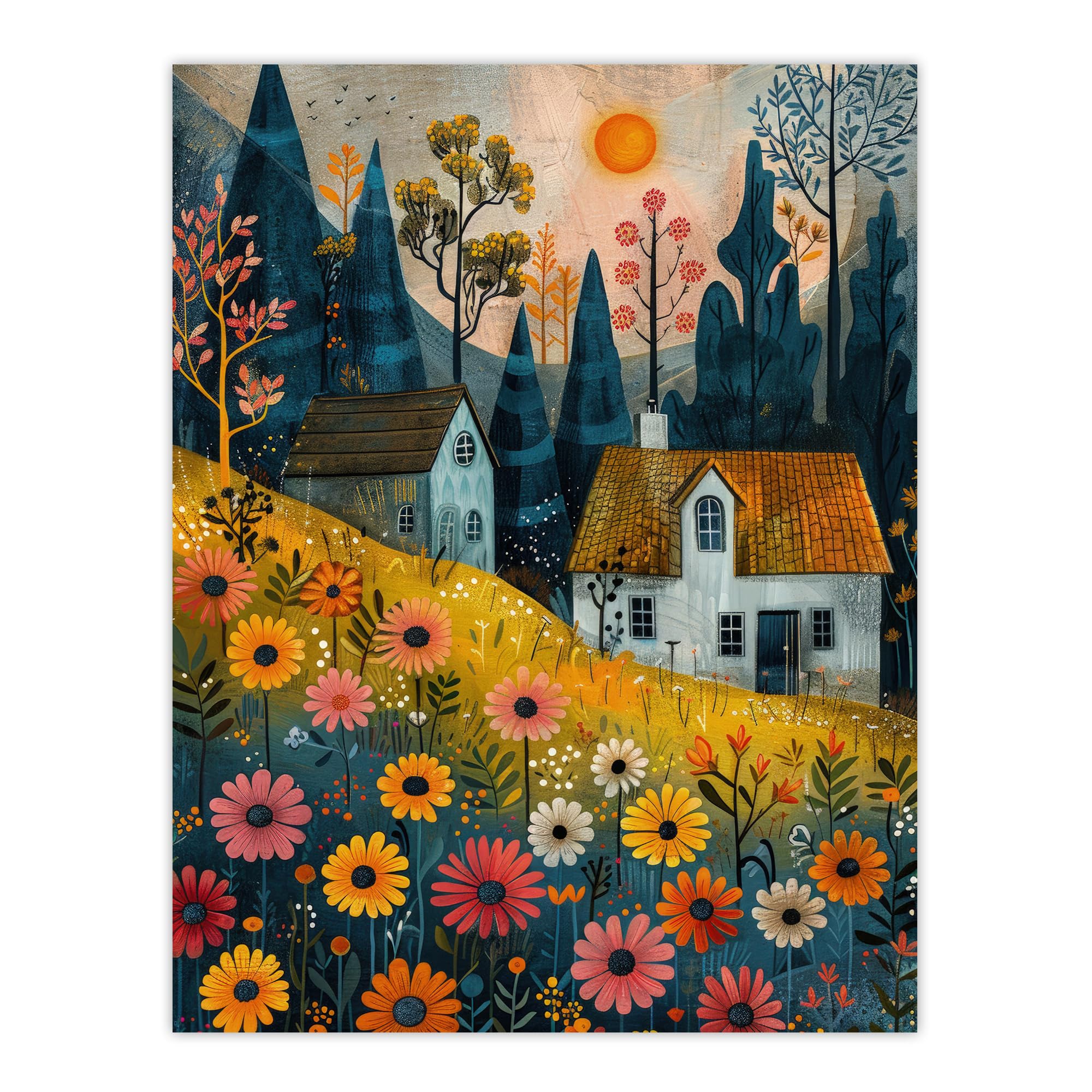 Artery8 Countryside Spring Hill House Daisy Flowers For Living Room Large Wall Art Poster Print Thick Paper 18X24 Inch