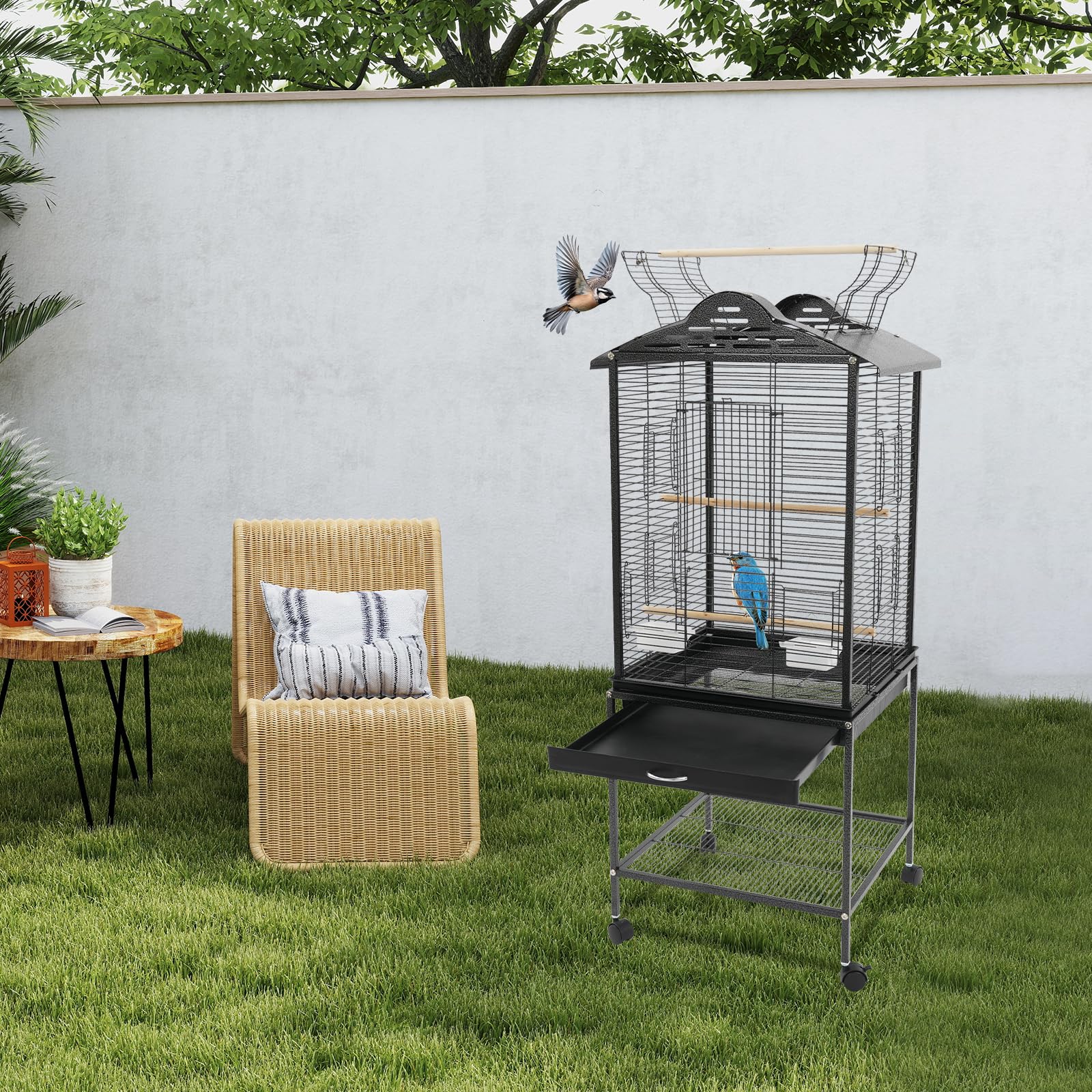 Pajarera para pájaros con ruedas, 48 x 46 x 122 cm, jaula grande con barras de madera y bandeja para la suciedad, con soporte y compartimento de almacenamiento, jaula grande (negro)