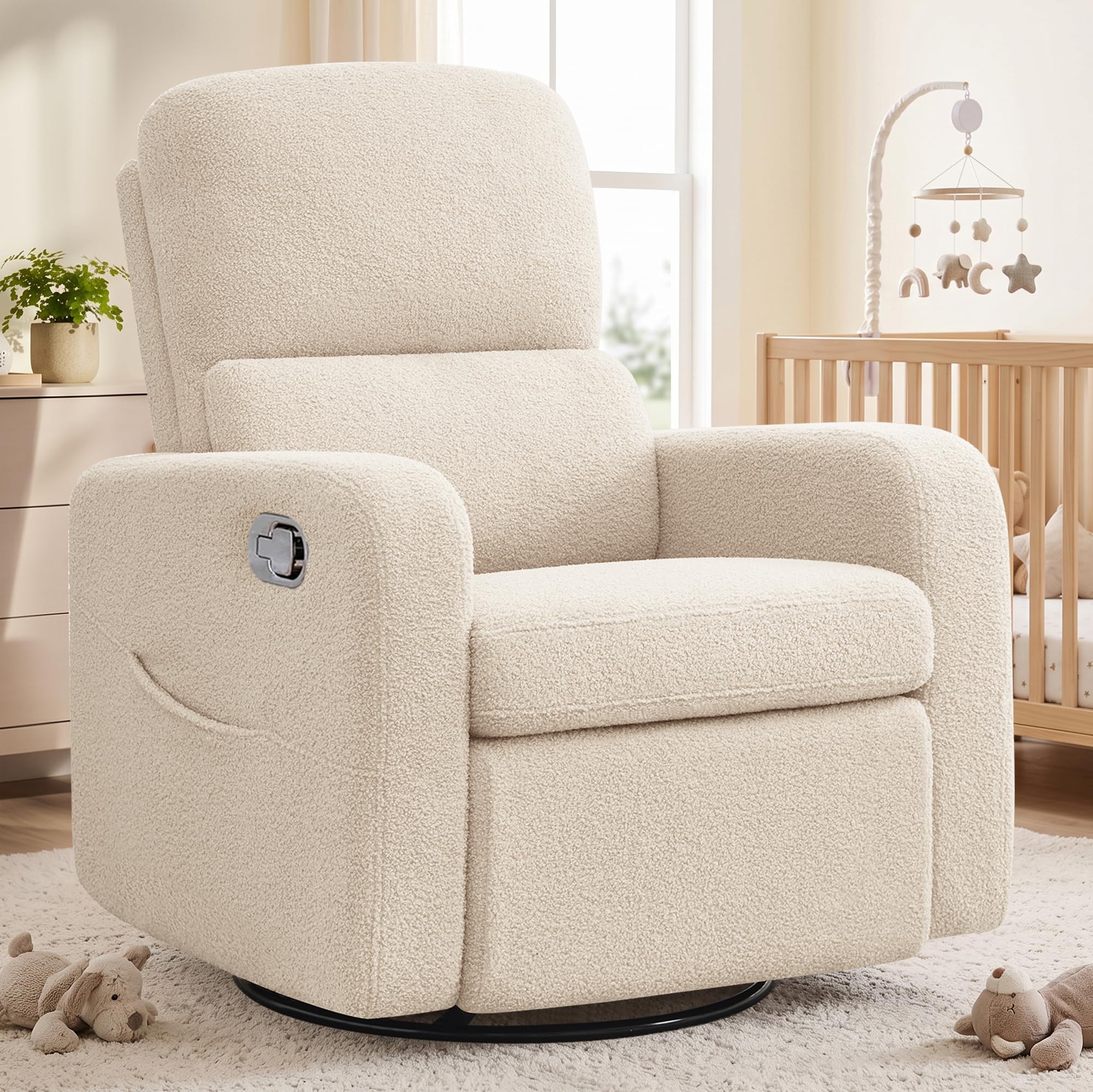 Swivel Rocker Recliner, Oversized Manual Boucle Nursery Glider Rocking Recliner Chair with Removable Cushion, Upholstered Teddy Swivel Reclining Chair for Nursery Living Room Bedroom, Apricot