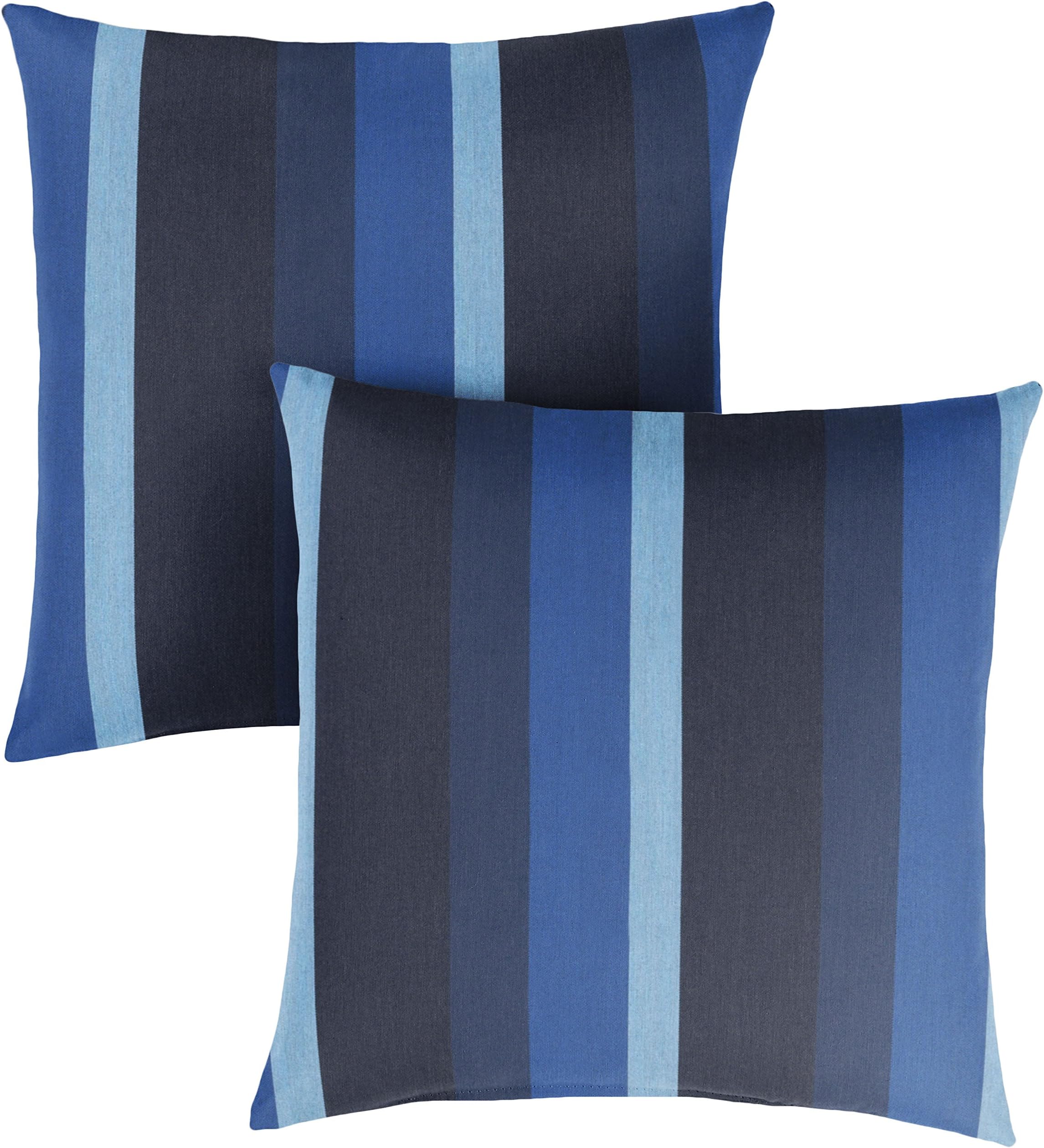 Sunbrella Gateway Indigo Knife Edge Decorative Indoor/Outdoor Square Throw Pillow, Perfect for Patio Decor - Indigo Blue Stripe 20" (Set of 2)