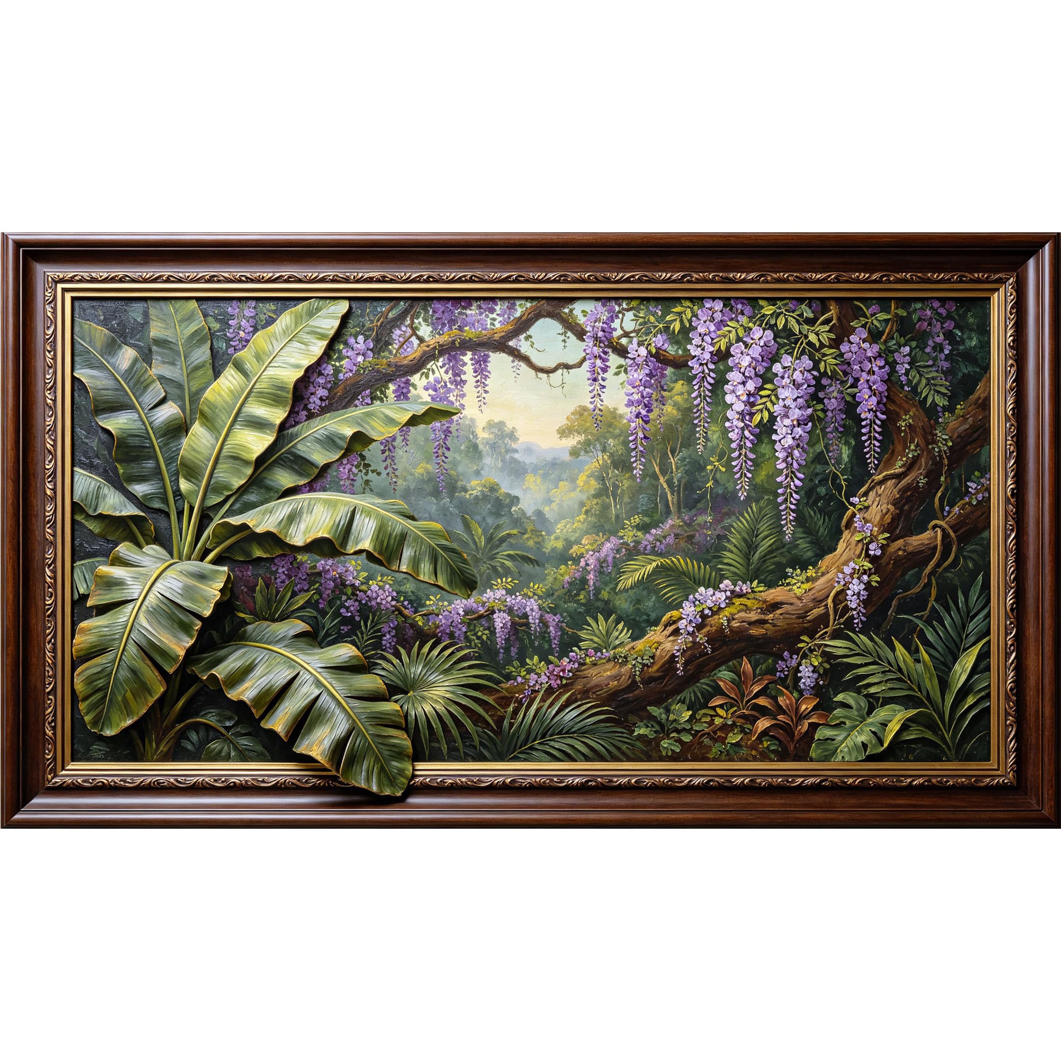 QZLITHOTIC 50×90cm3D Framed Wall Art， Tropical Wisteria Jungle Landscape Self?Adhesive Mural， Water?Activated Peel & Stick Fabric Decor Wall Decal for Bedroom Living Room
