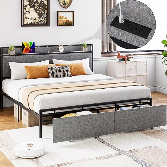 Queen Size Bed Frame with 2 Storage Drawer and Charging