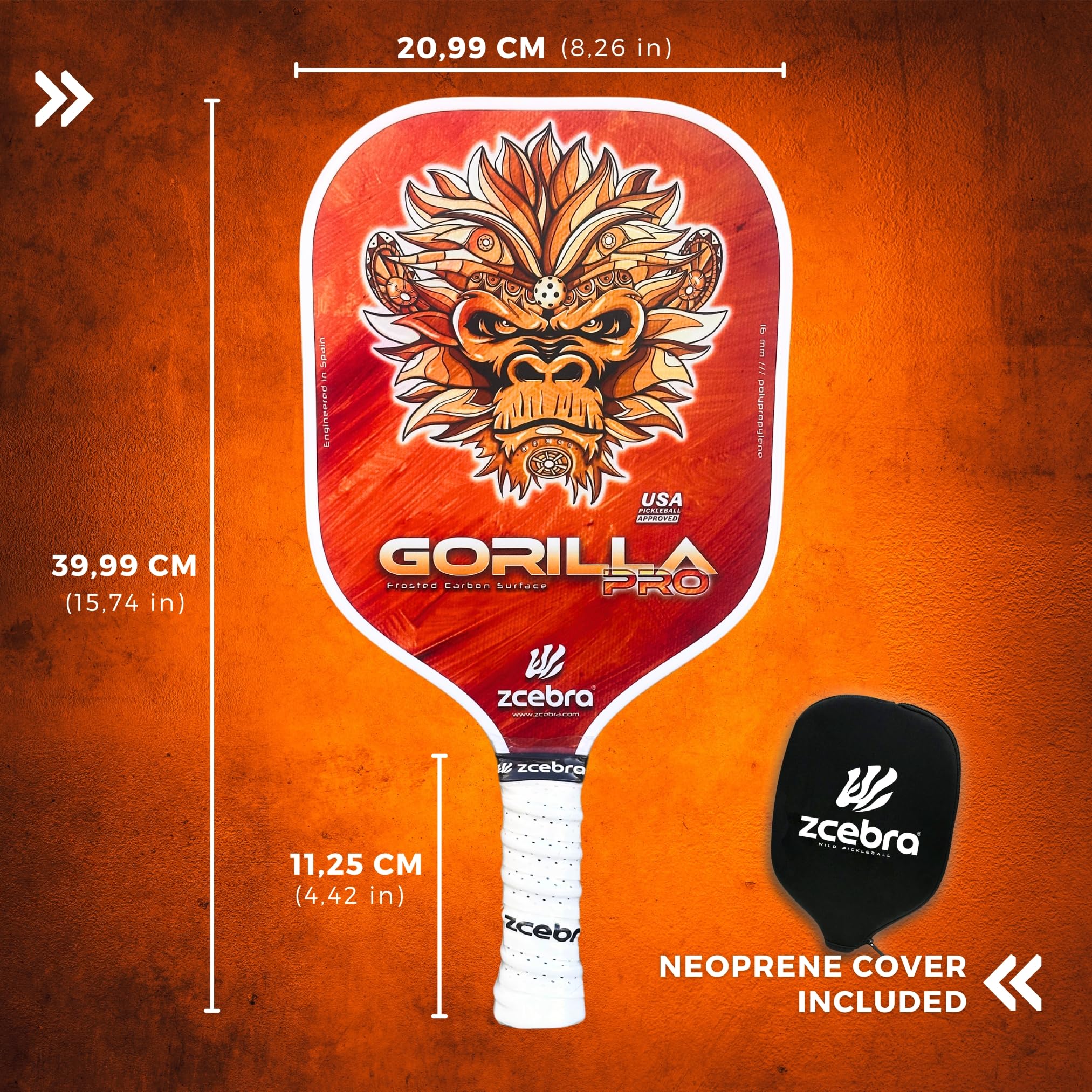 Pickleball Paddle Graphite – Raquette en Fibre de Carbone renforcé 16 mm d'épaisseur de Panneau d'abeille en polypropylène Texture Rugueuse – Set Housse en néoprène – Gorilla Pro Orange