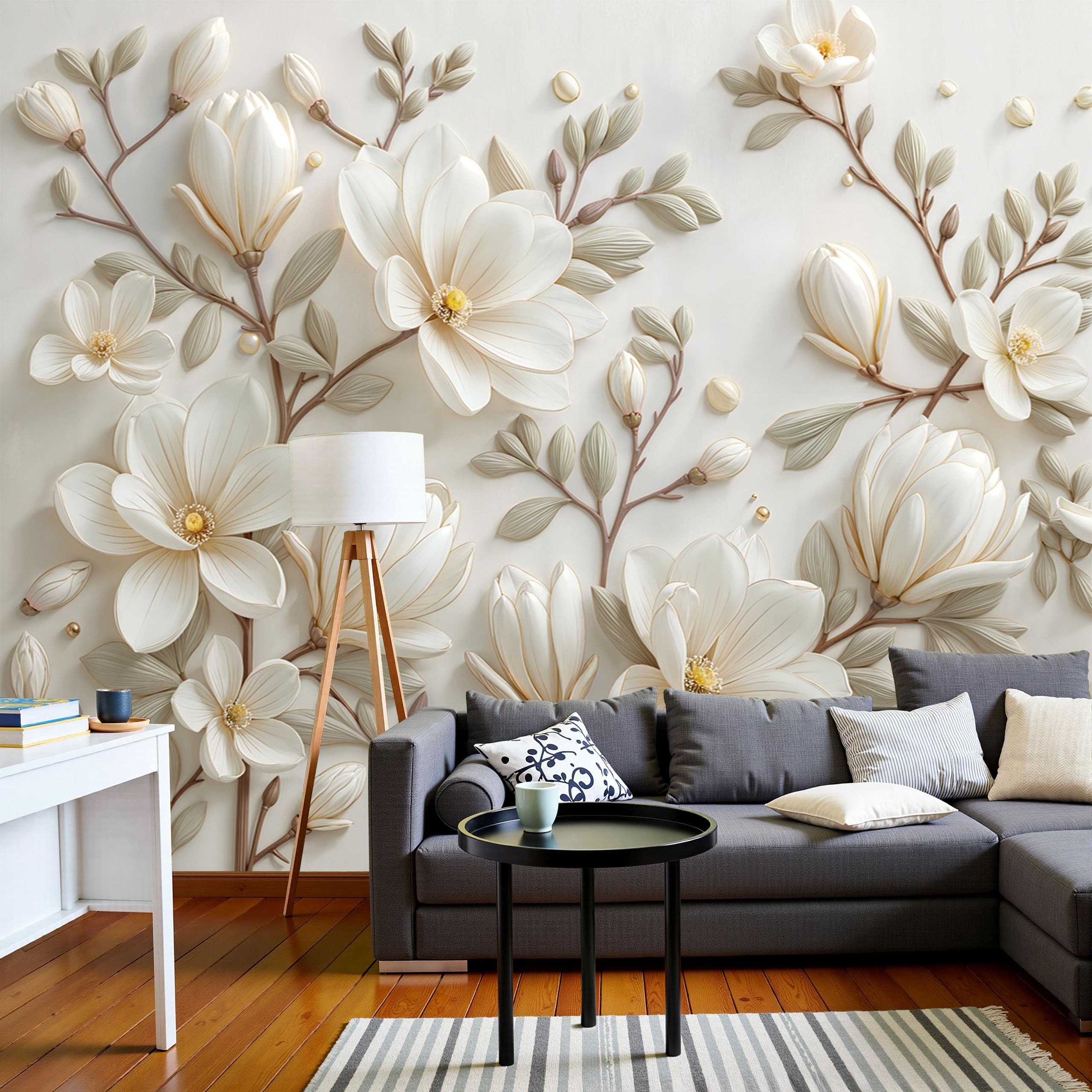 Papier Peint Panoramique Feuilles de Ginkgo Blanc 400x280 Déco Murale Salon