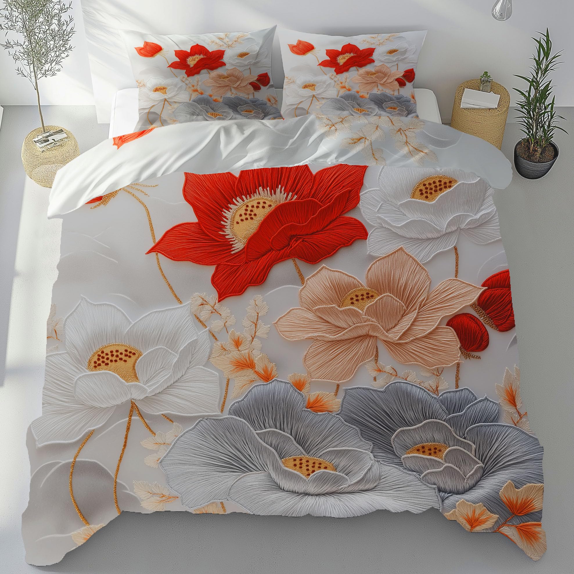 Housse de couette zippée 200x220 anti-glissement avec motif lotus pour lit double