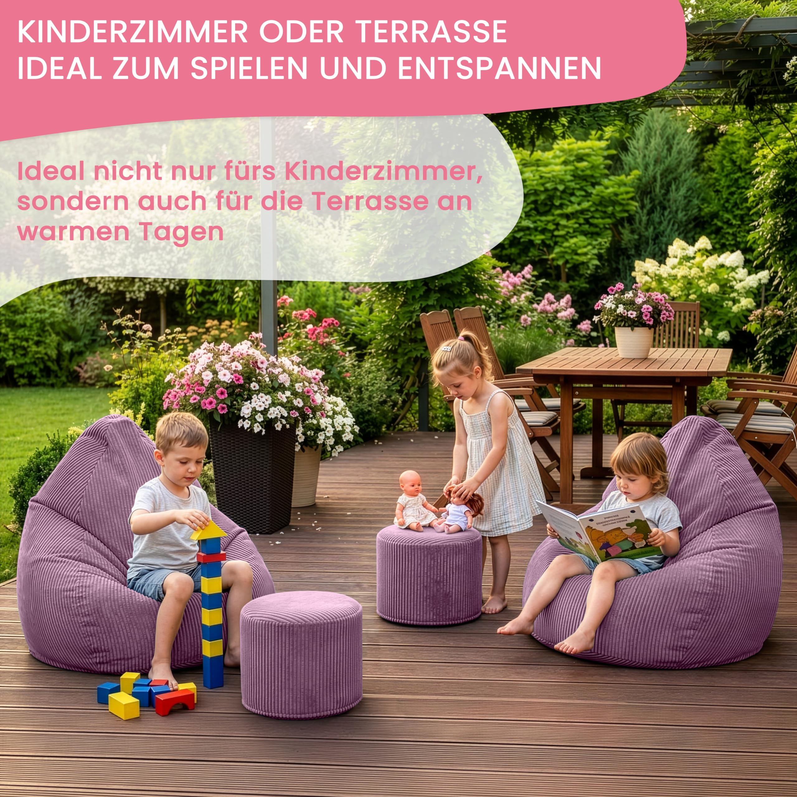DreamRoots Sitzsack Kinder Cord 70x70x105 mit Hocker, Plum Smoothie | Bean Bag Chair mit Hocker, Lehne & Bezug, mit Füllung, Sitzkissen Boden, Kindersitzsack Kinderzimmer