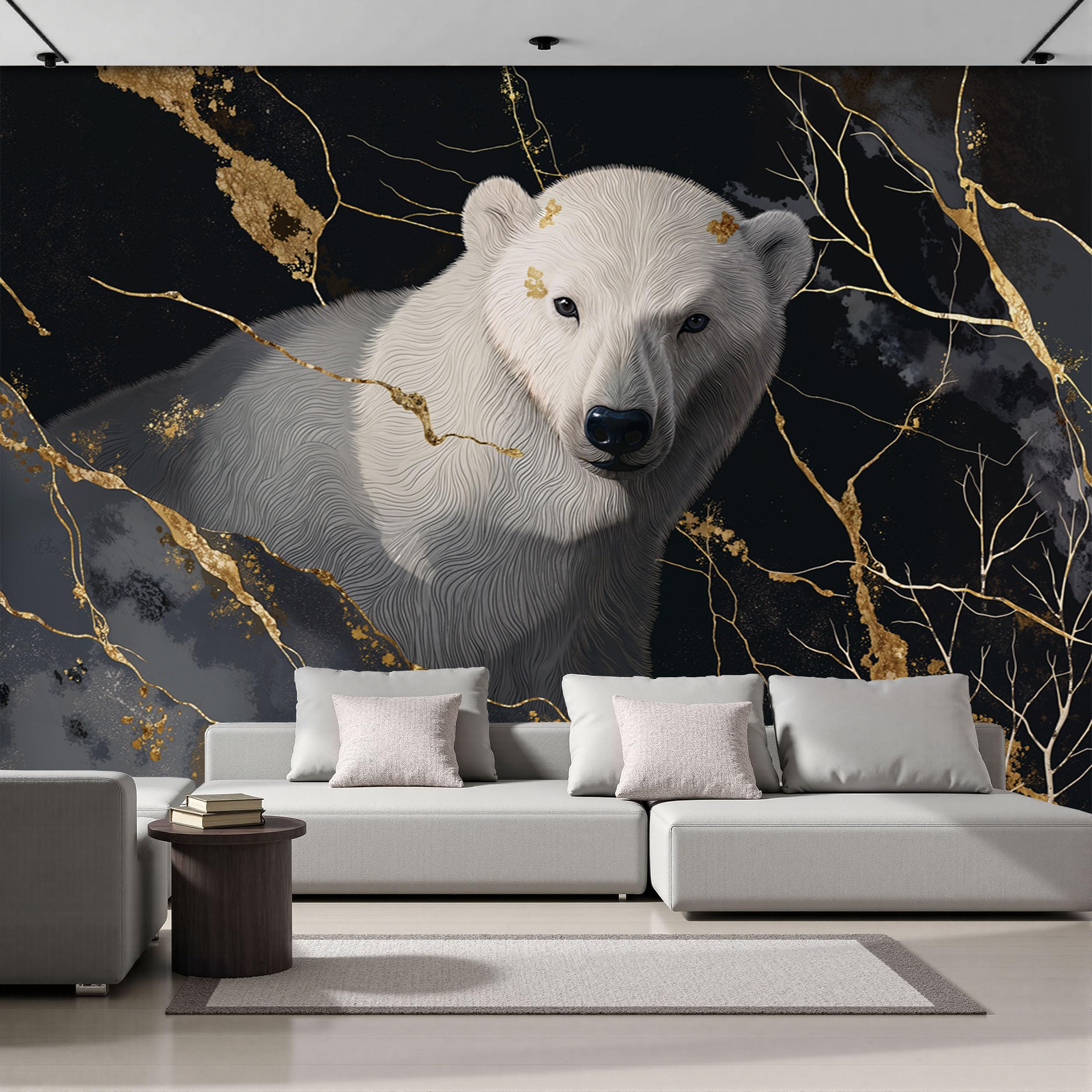 Carta Da Parati Fotografica Orso Polare 200x140cm Nero Decorazione Da Muro Poster Gigante Design Soggiorno Ufficio Camera Da Letto Effetto Marmo Lamina D'Oro