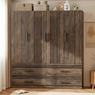 PAKASEPT 4-Door Armoire Wardrobe Closet 70.87"H: Openwork Doors, Drawers, Shelves & Hanging Rods for Bedroom Storage