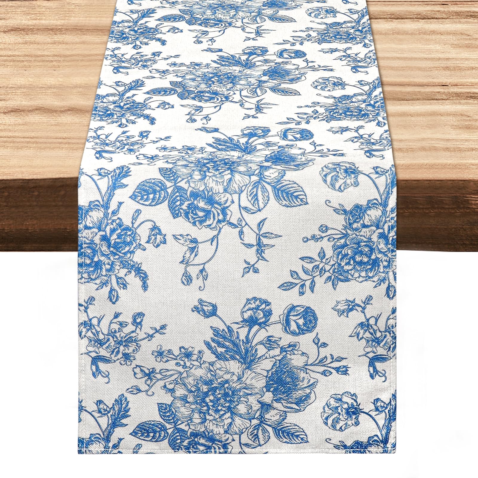 Dremisland Rosa Azul Camino de Mesa Boceto Monocromo Caminos de Mesa con Estampado Botánico 33 X 240 cm Vintage Lino y Algodón Camino de Mesa para Bodas Restaurantes Mesa de Centro