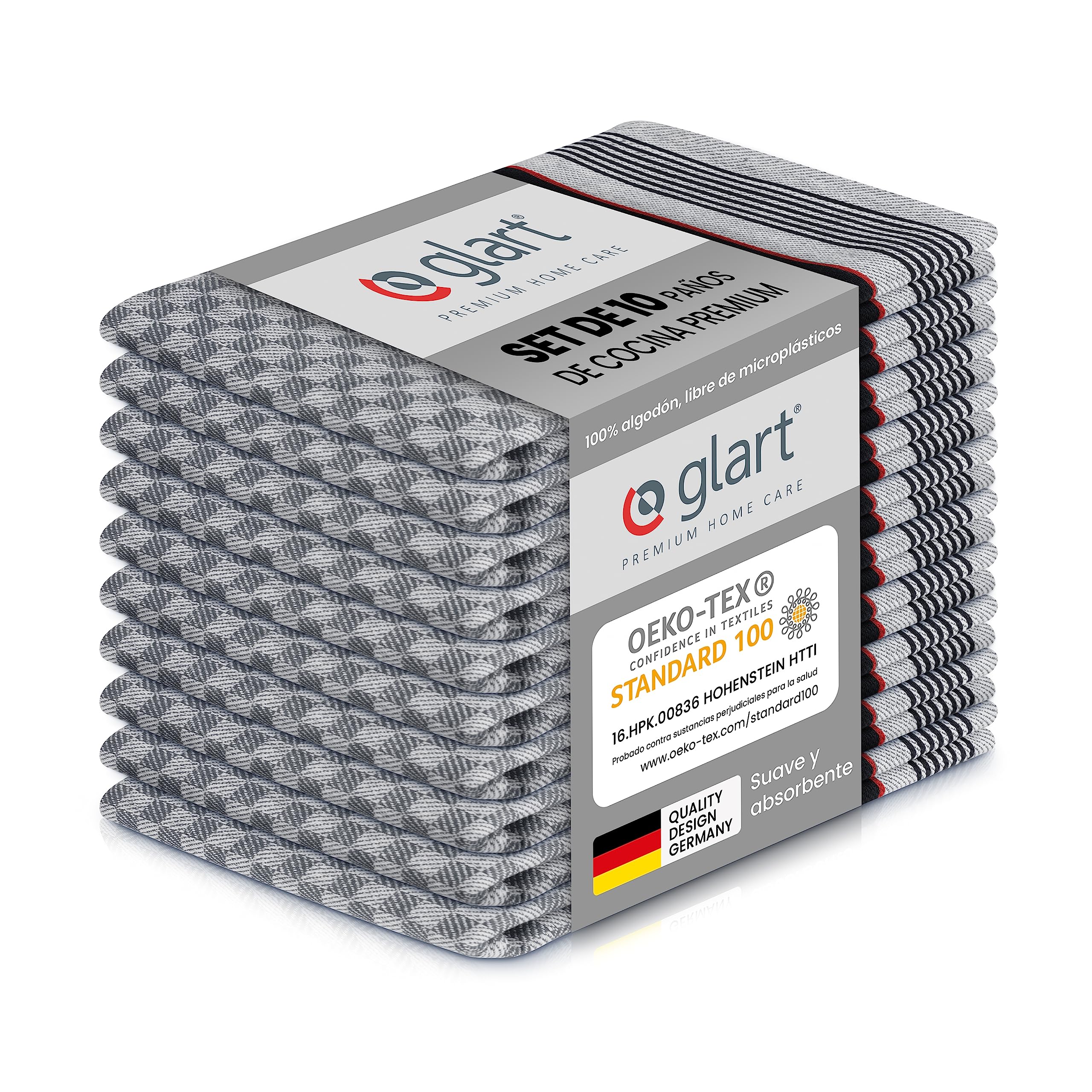 Glart 48GS Juego de 10 toallas de cocina premium, 45x90 cm, 100% algodón certificado OEKO-TEX, negro, prelavadas