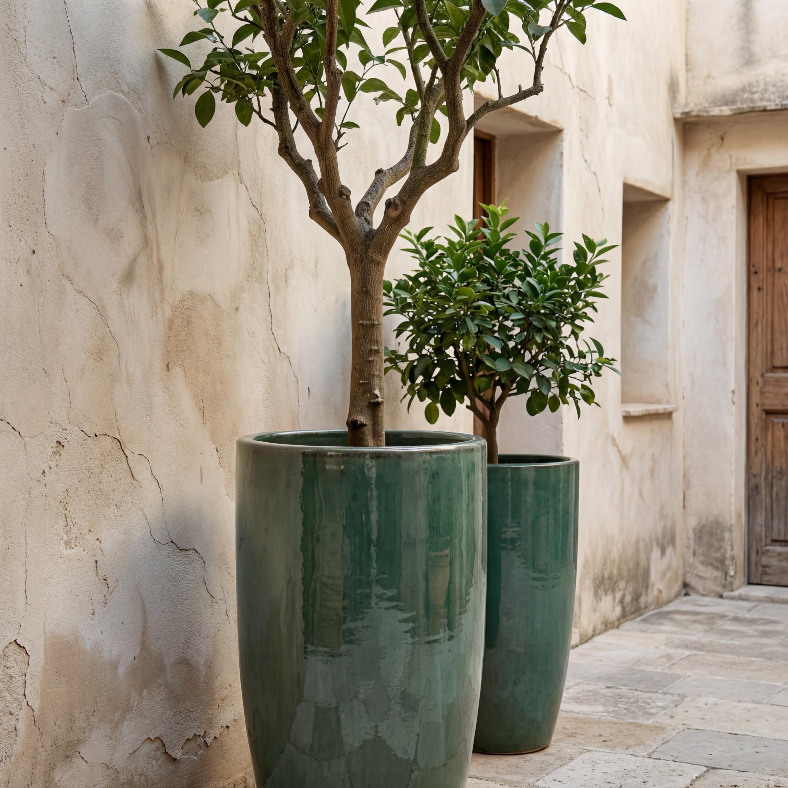EIFFEL2 Pot de Fleur en Terre Cuite émaillée Ø 37 x H 70 cm Vert néphrite, résistant au Gel, Fait Main, jardinière extérieur intérieur, Jardin terrasse Balcon