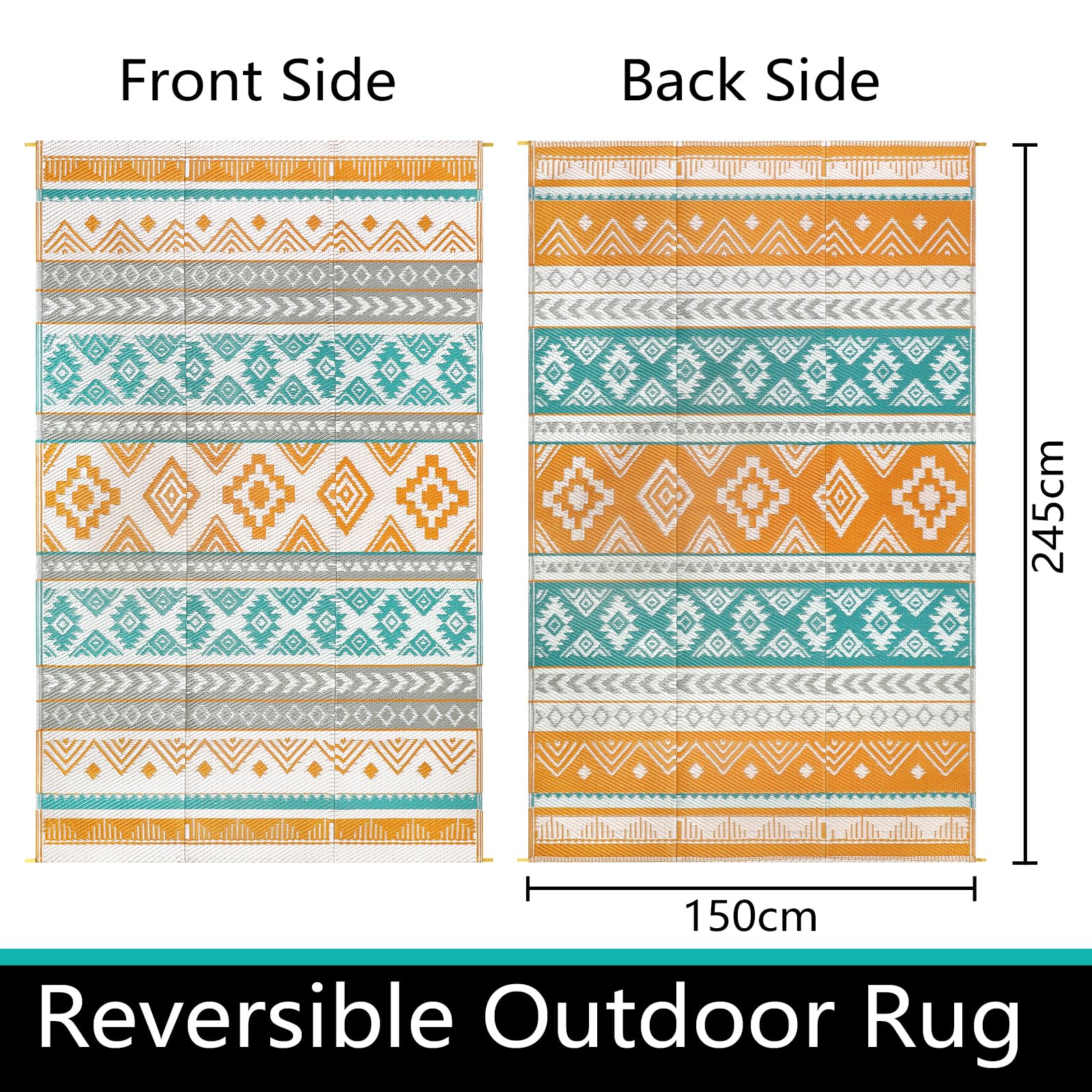 Famibay Tapis Exterieur Resistant Pluie Réversible Tapis Exterieur 150x245cm Résistant Aux UV Plastique Gris Jaune Teal Tapis pour Terrasse Camping Jardin Balcon