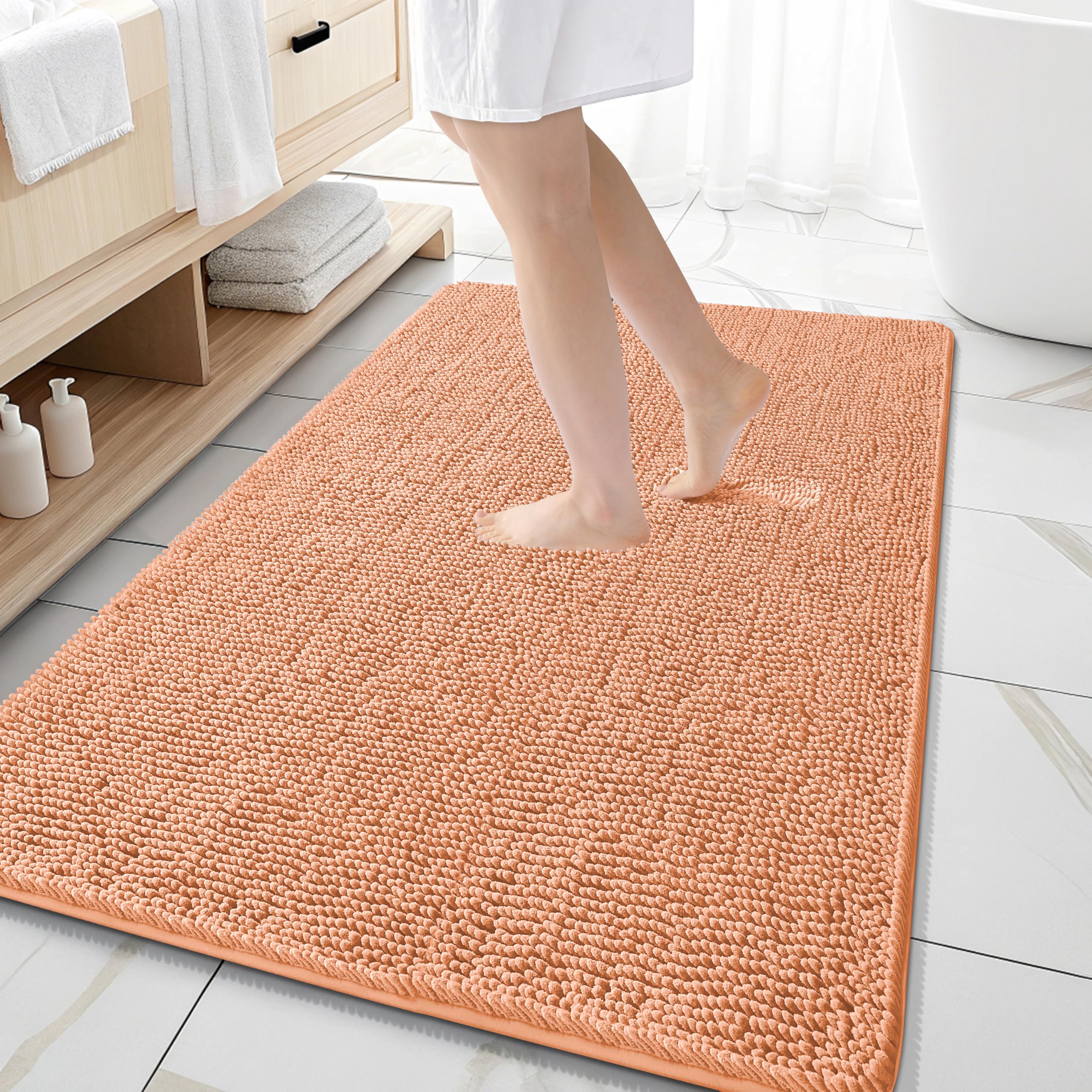 OLANLY Large Bathroom Rugs 59x35, Extra Soft Absorbent Chenille Bath Rugs | Peach, Quick-Drying Rubber Backing, Machine Washable Bath Mat for Bathroom Floor, Tub and Shower, Home Decor Accessories
