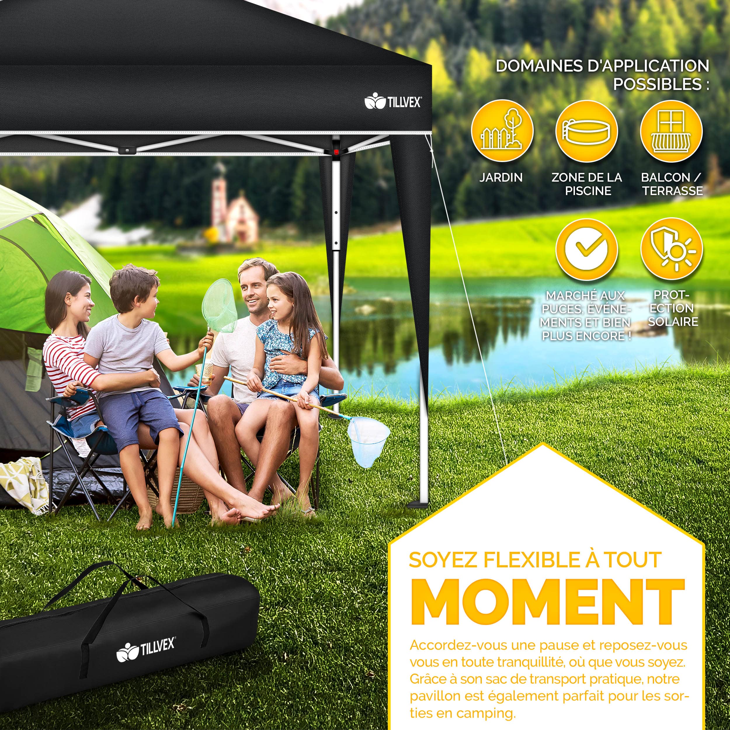 tillvex Tonnelle de Jardin 3 x 3 m Pliable | Tente Pliante à Hauteur réglable | Auvent pour Camping, Festival, Plage | Protection UV 50+ | Chapiteau avec Sac