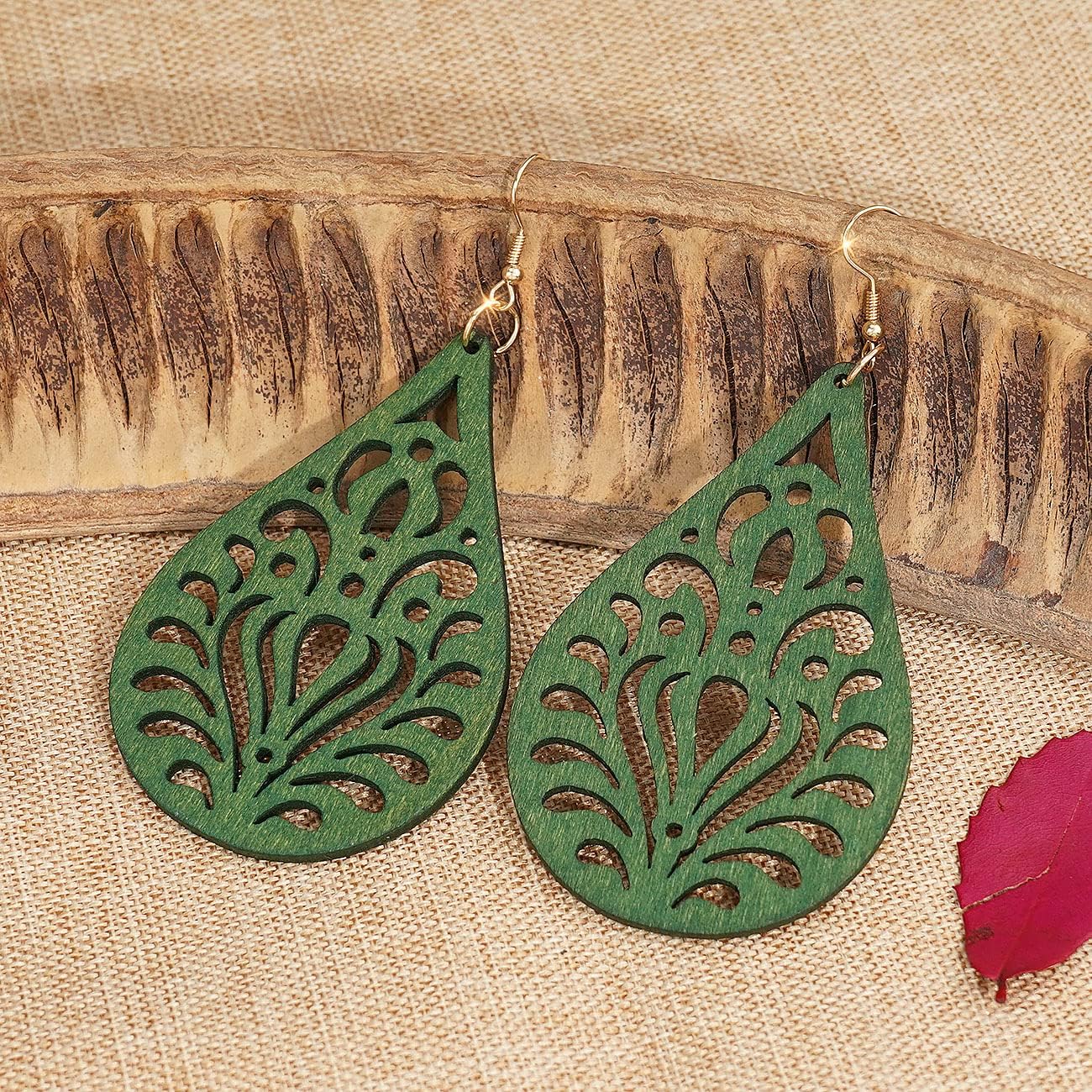 Wood Earrings for Women Natural Wooden Waterdrop Drop Dangle Earring - Image 4