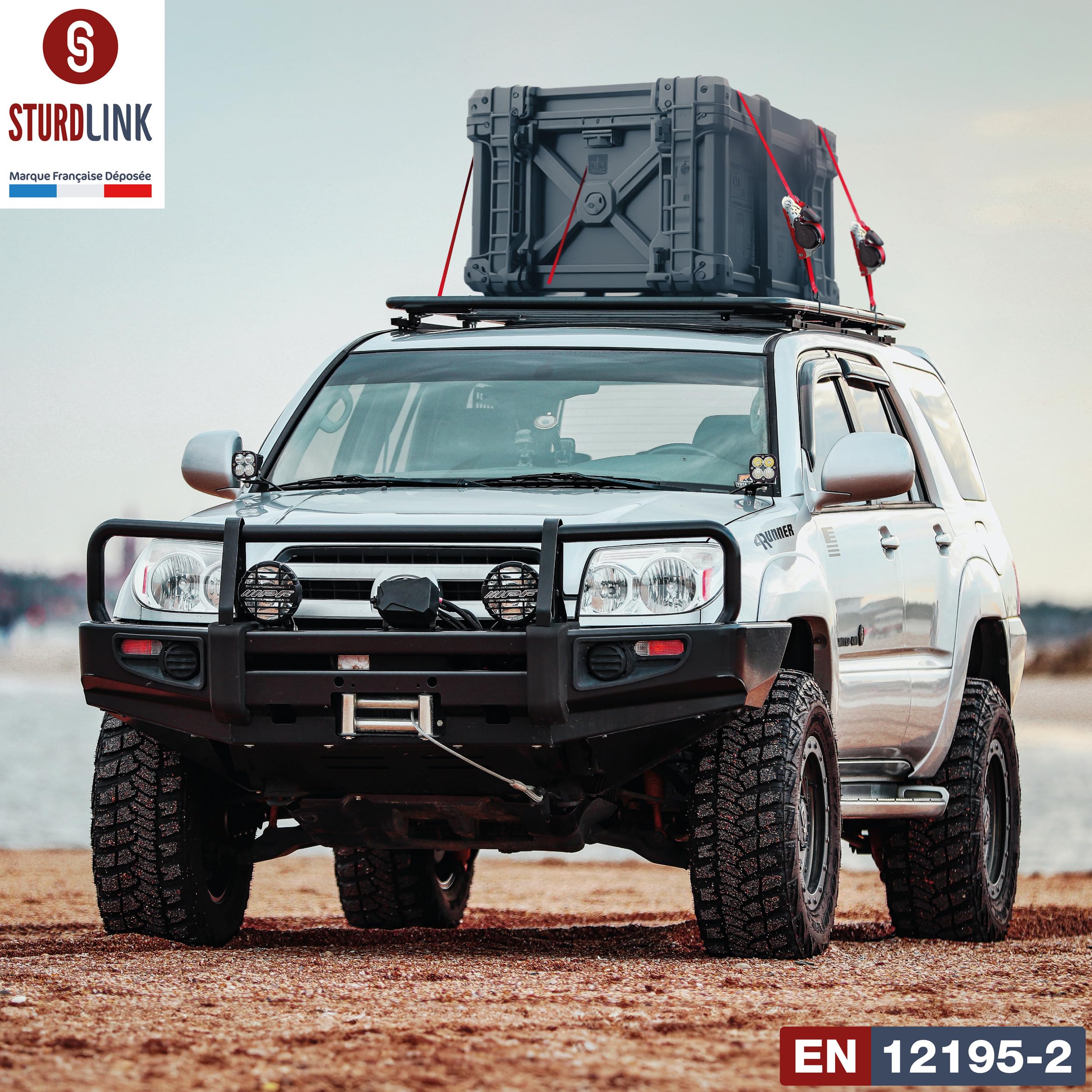 Correas con Trinquete Automático 5m 25mm Ganchos en S con Pasador LC 350kg / 700kg en U | Enrollador de Correa Automático | Fijación en Remolque Porta Moto Quad Auto | Lote de 4 + Bolsa | EN 12195-2