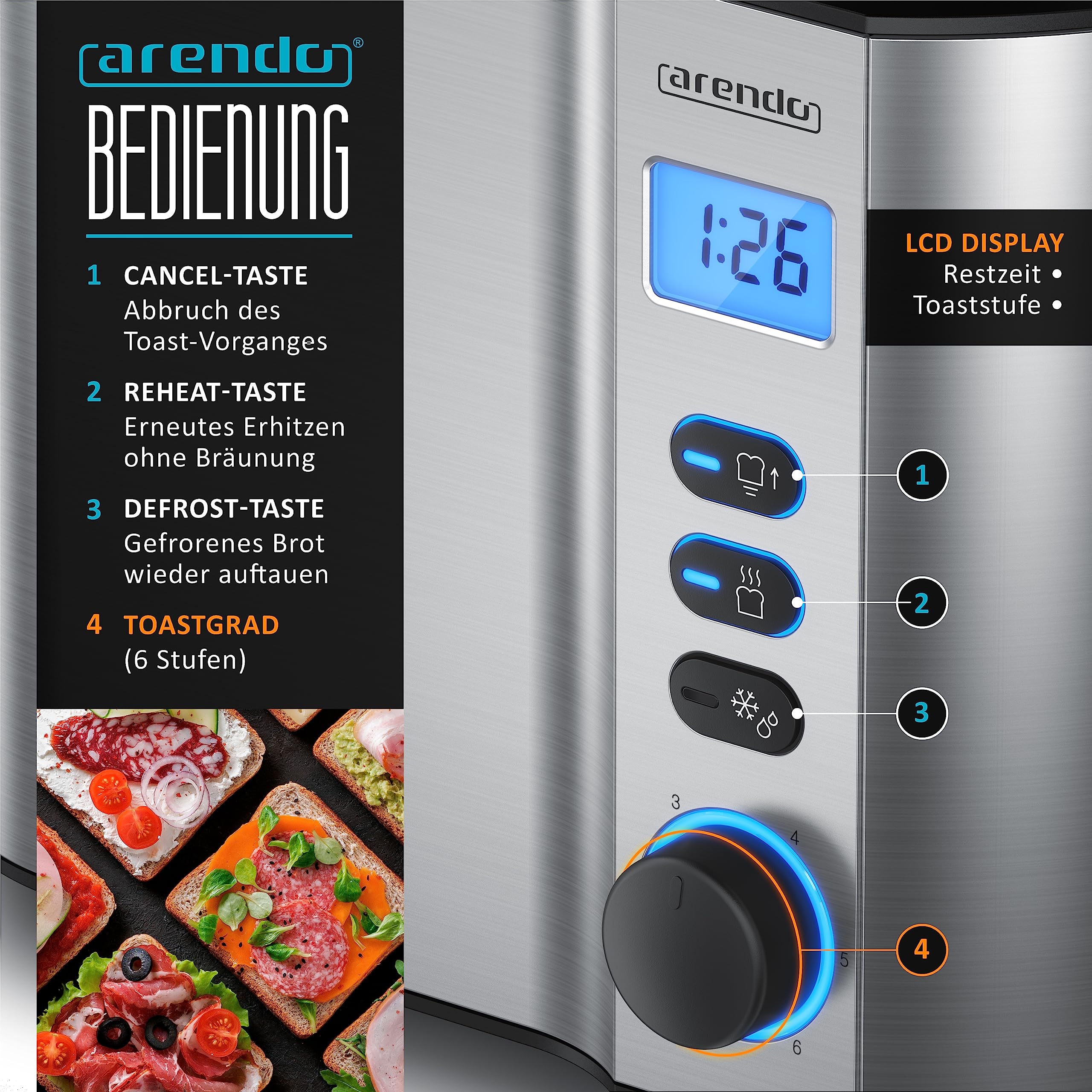 Arendo - Toaster 2 Scheiben Edelstahl mit Restzeitanzeige - 800 Watt - Doppelwandgehäuse - Integrierter Brötchenaufsatz - 6 Bräunungsgrade - kurz - Brotscheibenzentrierung – beleuchtetes LCD-Display
