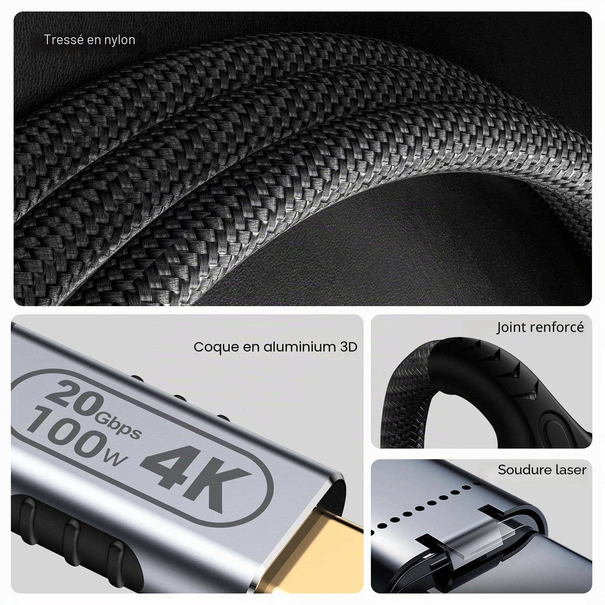 Câble USB C 6m PD 3.0 Cable USB C Charge Rapide Type C Nylon Tressé,100W 20V/5A câble usb c charge rapide, Transmission vidéo 4K @ 60Hz pour téléphones mobiles, moniteurs, dispositifs