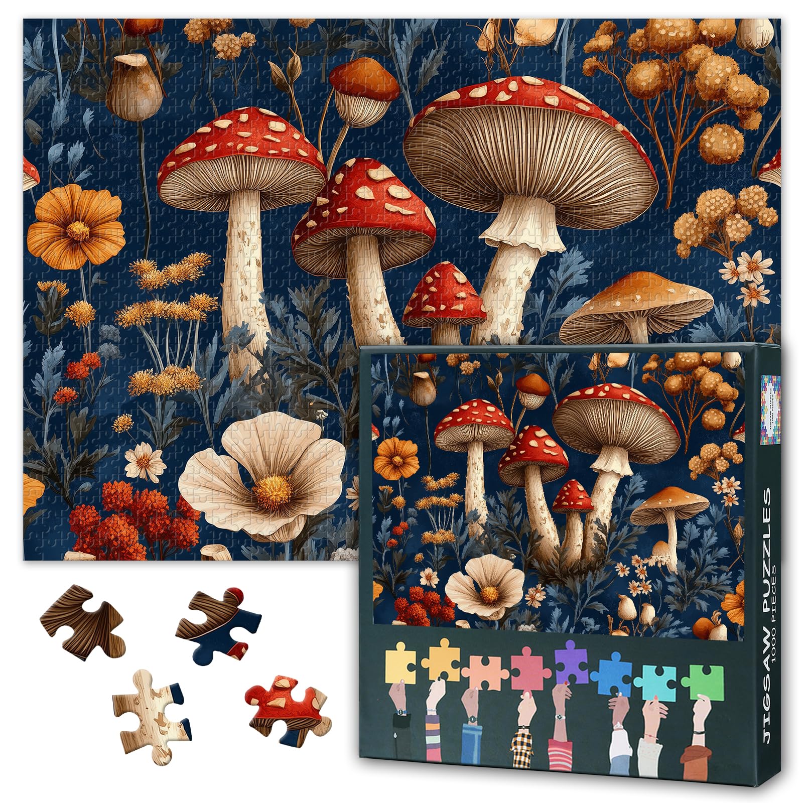 1000 Pieces Jigsaw Puzzle for Adults,Colorful Red Mushrooms with Delicate Wildflowers,Botanical Display Puzzles Games for Adults Hard Challenging - 50x70 cm — image 1