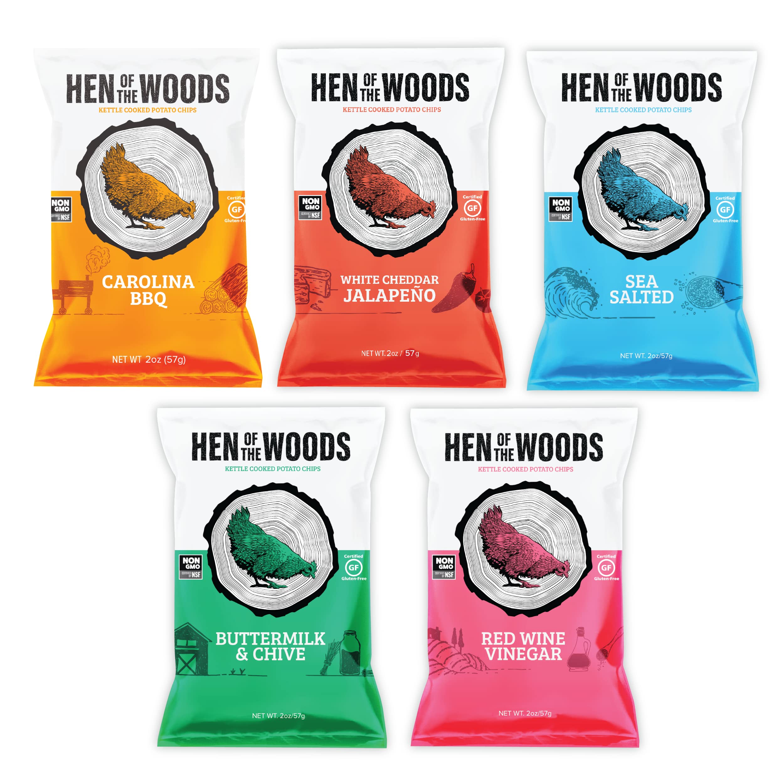Hen of the Woods Kettle Cooked Potato Chips, Mixed Flavors Variety Pack, 2 Ounce Bag, 12Pack