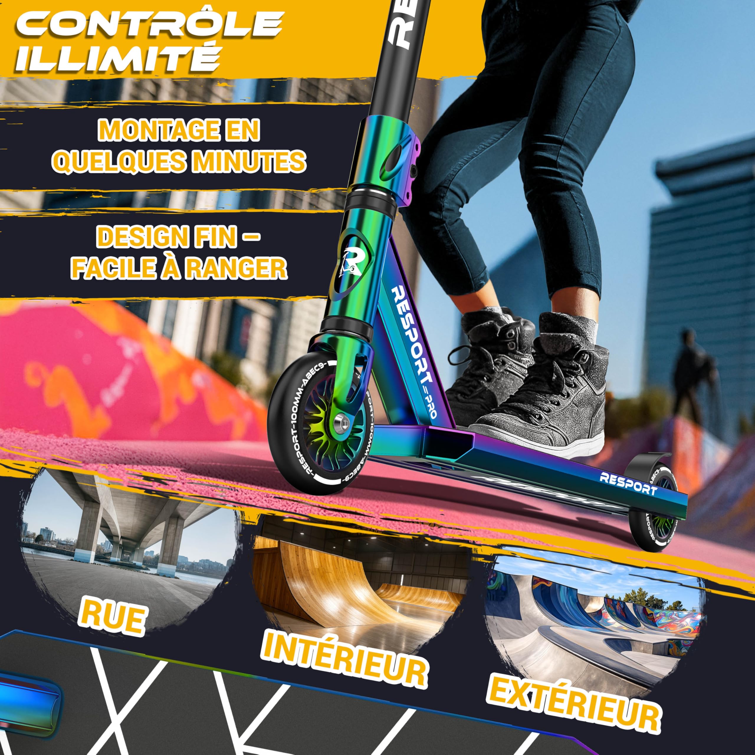 RE:SPORT Trottinette Stunt Revo Pro pour enfants et adultes, avec support, 110 mm, roues en PU et barre en Y, roulement à billes ABEC 9, trottinette cascade, trottinette cascade, trottinette freestyle