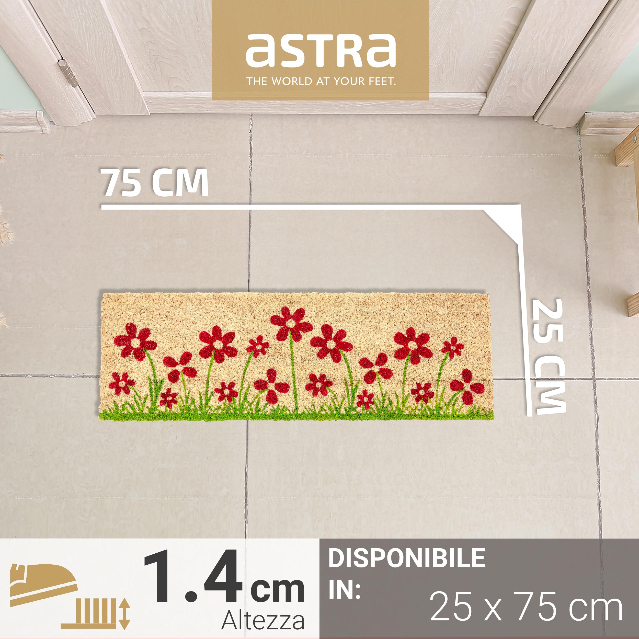 Astra Zerbino per interni Fiori naturali 25 x 75 cm - Tappetino stretto in cocco antiscivolo per interni ed esterni coperti - Zerbino per scarpe 100% cocco