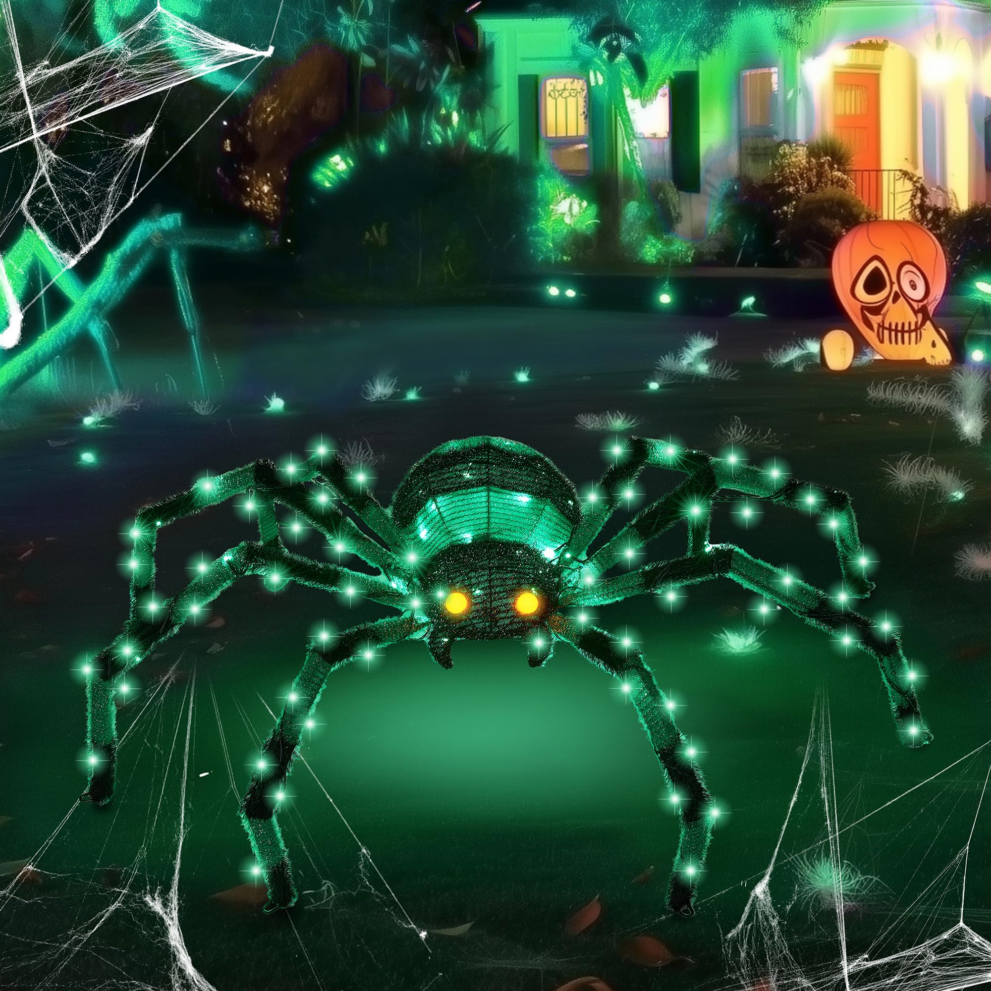 Gigantyczny pająk, dekoracje na Halloween, na zewnątrz, 132 cm, świecący pająk z 90 diodami LED, na podwórko, werandę, do ogrodu, trawnika, na imprezę halloweenową (zielony)