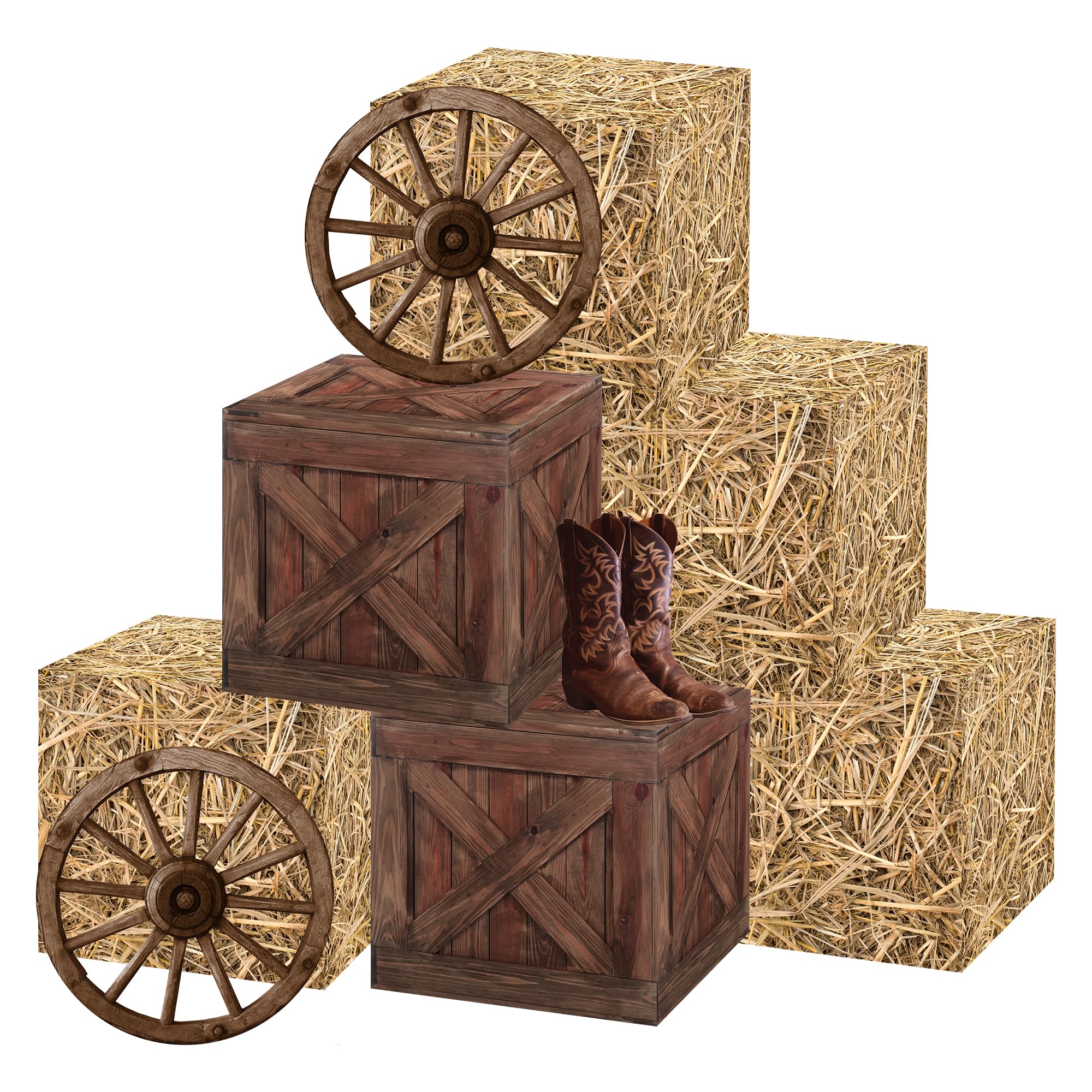 Western Cowboy Birthday Party Decorations - 9 Pcs Western Hay Bales Boxes Decor Farm Trunk or Treat Car Hay Bales Wagon Wheel Decoration Kit for Wild West Rodeo Photo Booth Props