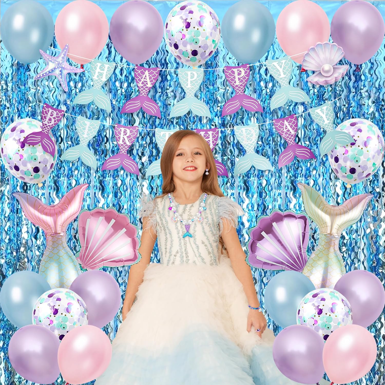 Mermaid Birthday Decorations with Tail Happy Birthday Banner, Mermaid Jewelry Set for Girls Women, Blue Ocean Curtain & Balloons, Under The Sea Party Supplies & Ocean Room Decor for Girls