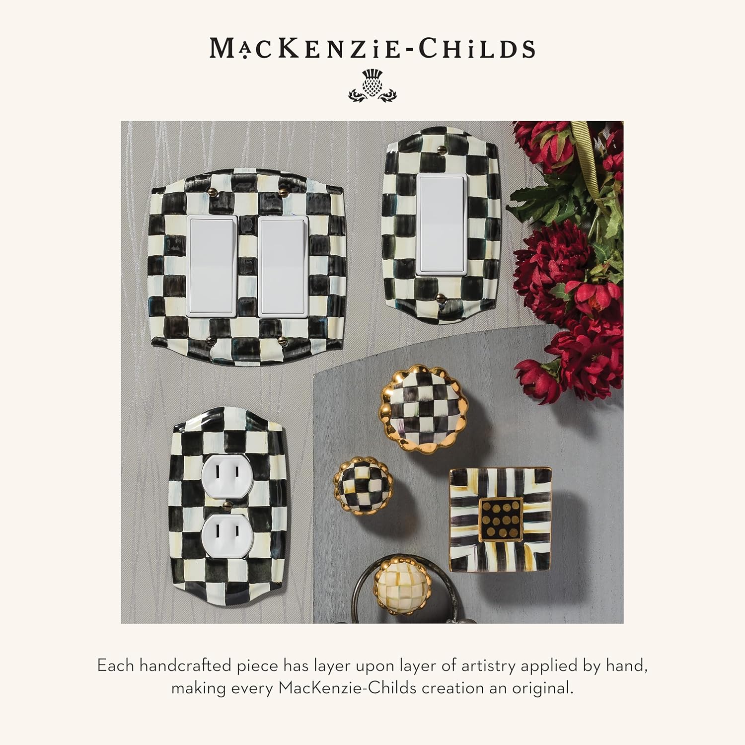 MACKENZIE-CHILDS Enamel Switch Plate, Light-Switch Cover, Double Rocker, Black-and-White Courtly Check