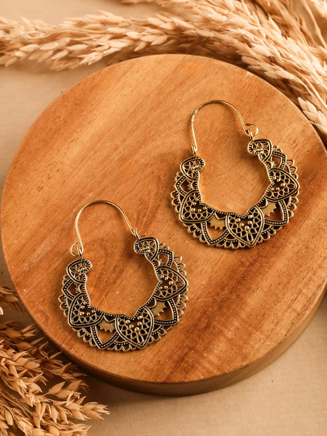 MINACHI Boho Antique Gold Plated Heart Scalloped Filigree Dangle Hoop Earrings, Tribal Bohemian Jewelry Gift for Women - Image 4