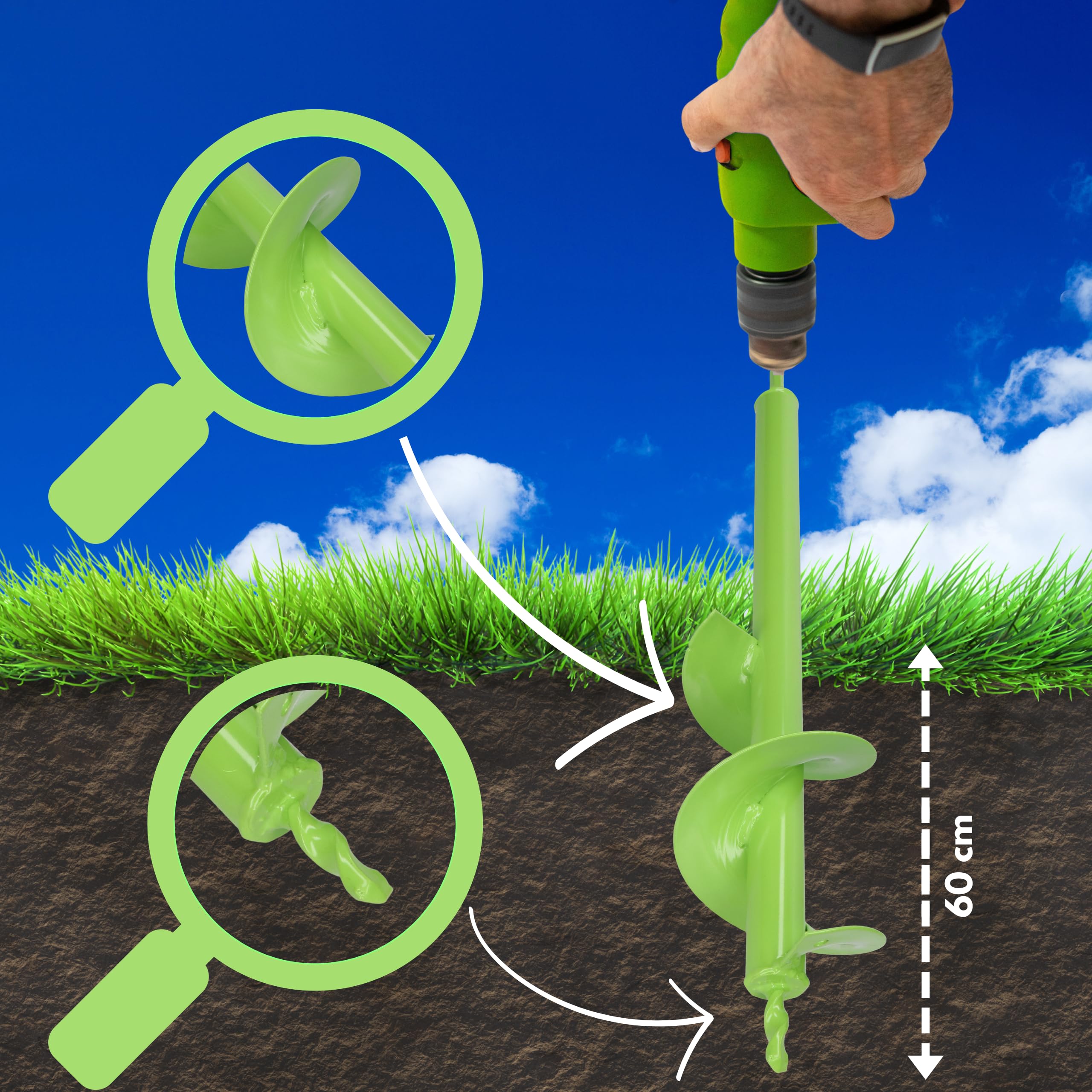 WERHE Punta da terra 100 mm Ø, lunga 600 mm per trapano e avvitatore a batteria – trivella da giardino per piantare senza sforzo fiori, arbusti e scavare fori per pali di recinzione