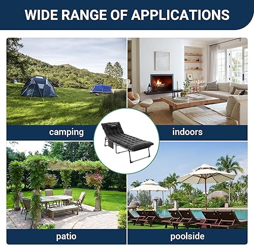 Miniatura 5 de Catre de camping plegable acolchado para adultos con colchón de doble capa, ultra cómodo, tumbona portátil de 5 posiciones para exteriores e