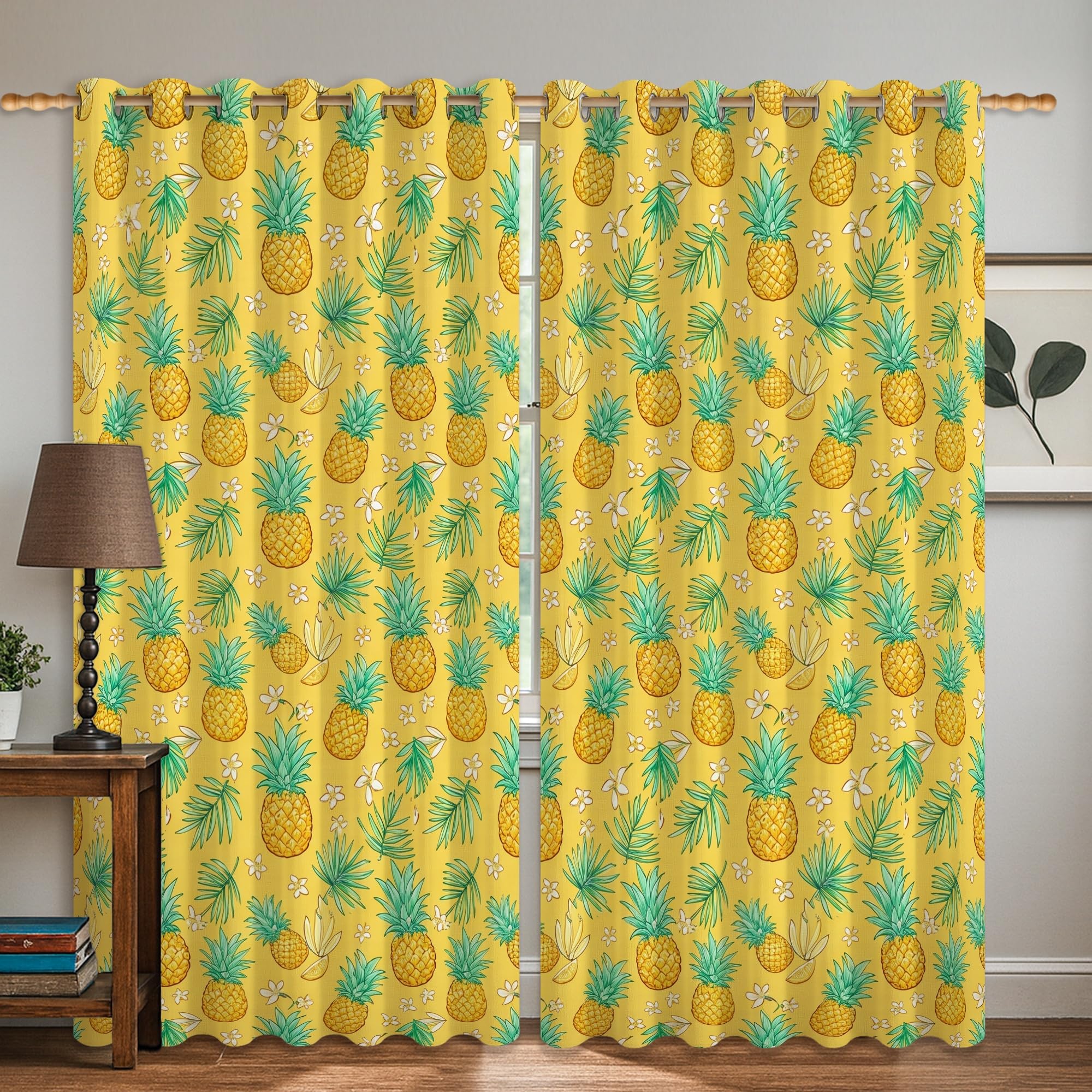 Rideaux occultants 132x183 cm jaune d'été à motifs palmier et ananas pour salon et cuisine