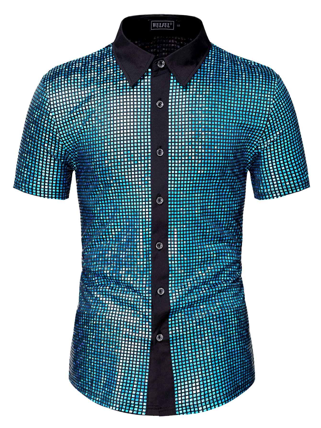 WULFUL Men's Disco Shirt Sequins Short Sleeve Button Down Shirts 70s Party Costume Dress Shirts