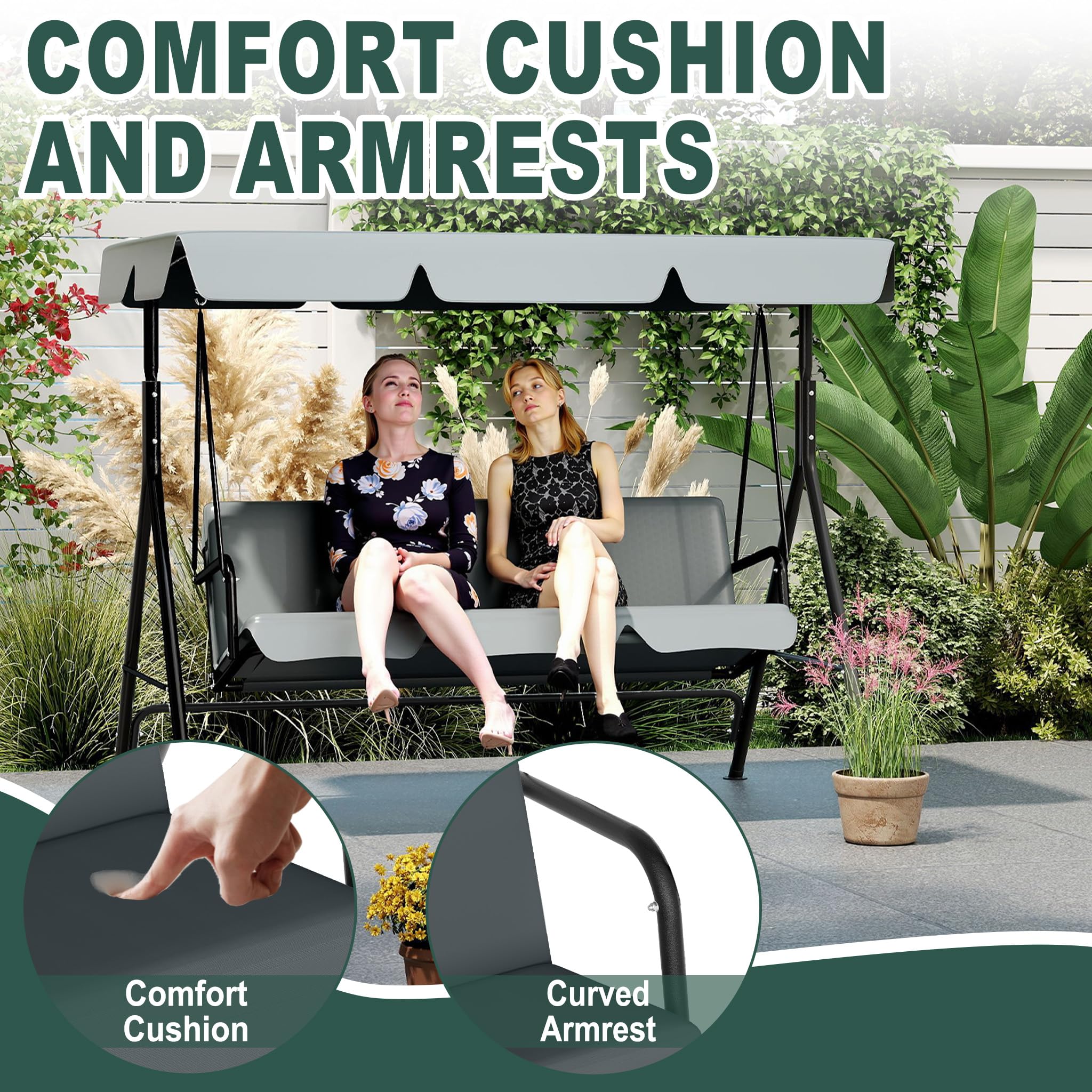 Aufun Hollywoodschaukel 3-Sitzer, Familienzeit mit Leichtigkeit, Gartenschaukel mit verstellbarem Sonnendach & Gestell & Gepolsterte Sitzauflage, Belastbar bis 200 kg (176 x 110 x 152 cm, Anthrazit)