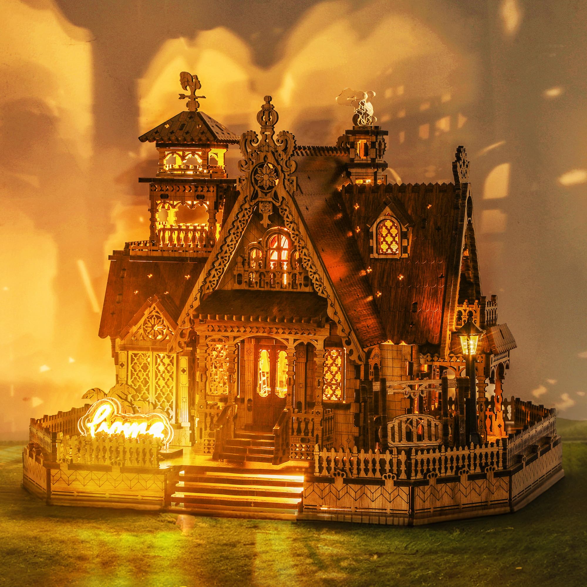 FUNPOLA LED 3D Holzpuzzle für Erwachsene - DIY Miniatur-Bausatz mit LED-Blitz - Erwachsene 3D Handmade Rustic Architecture Home Decor Geschenk (Rural Cottage)