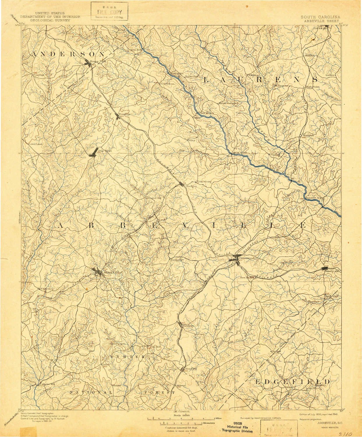 YellowMaps Abbeville SC topo map, 1:125000 Scale, 30 X 30 Minute, Historical, 1892, Updated 1943, 19.8 x 16.4 in