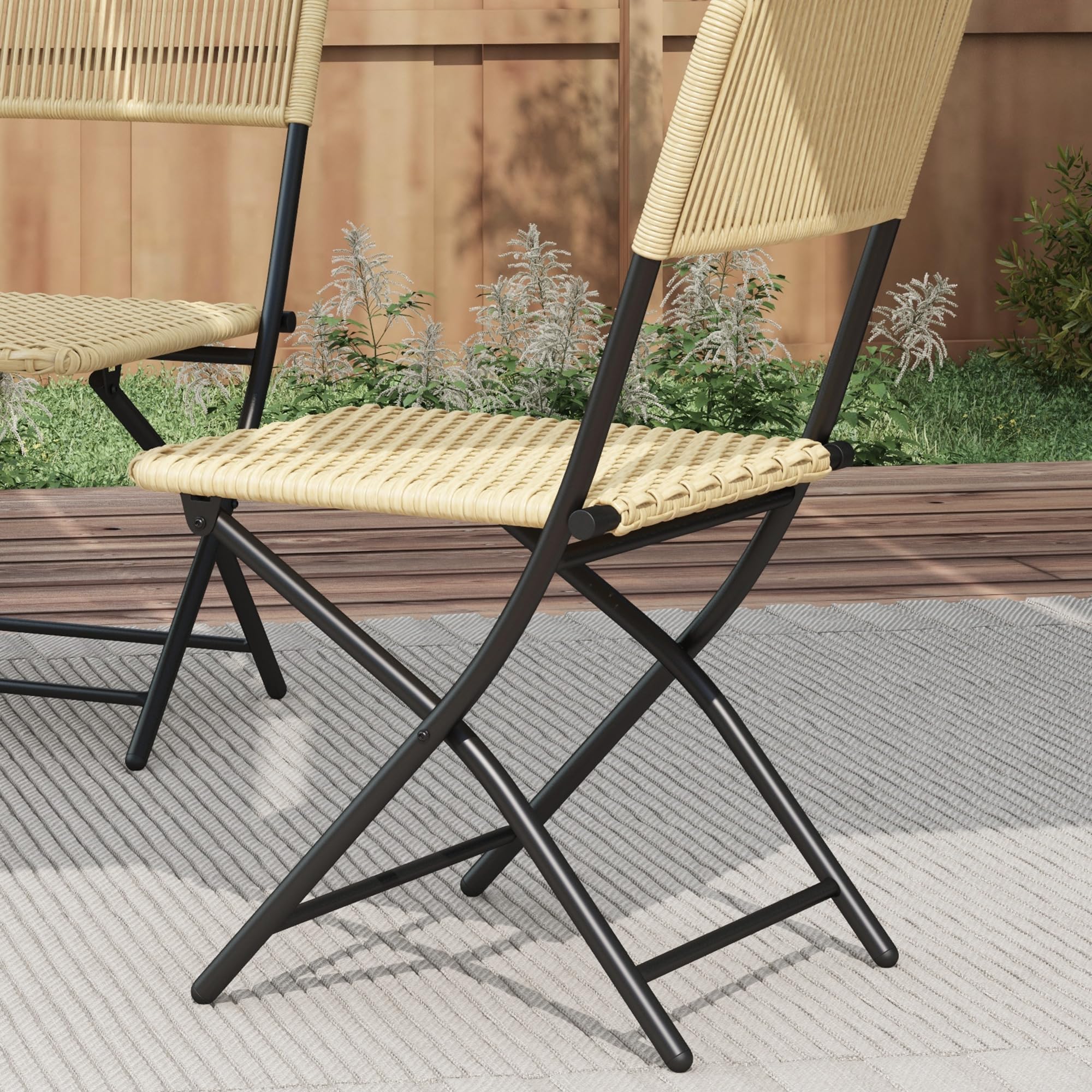 Outsunny Ensemble Salon de Jardin 2 Places Table Ronde avec 2 chaises Pliables en résine tressée et métal, Beige et Noir