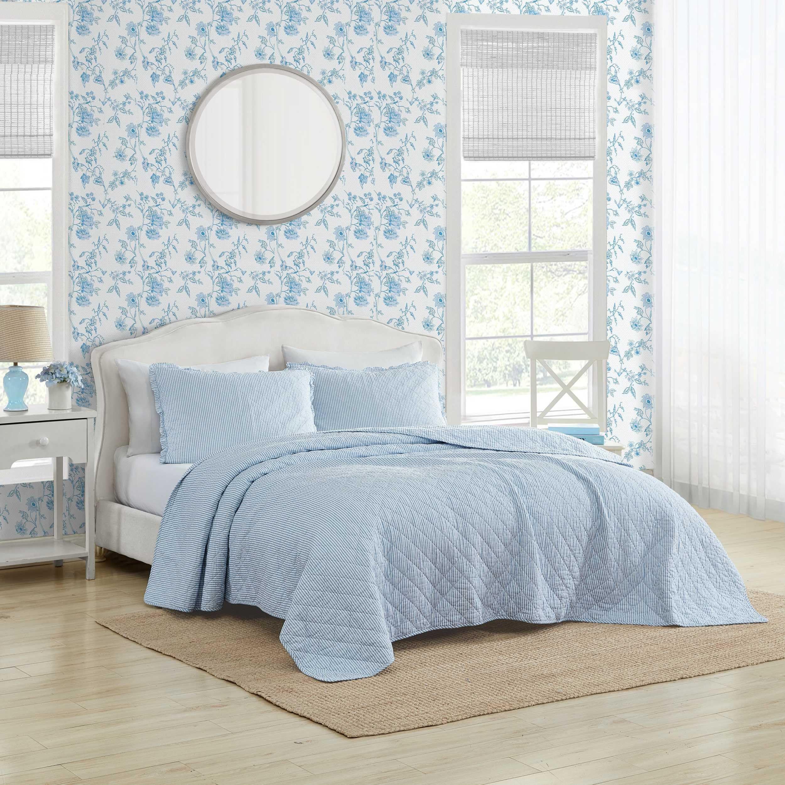 Laura Ashley - Quilt Set, Super Soft Bedding with Matching Sham, Casual Home Decor (Oxford Stripe Blue, King)