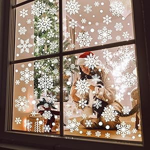 116PCS Christmas Decorations, 9 Sheets Christmas Window Clings, Snowflake Window Clings Decals, Double Sided Xmas Snowflake Decal Stickers for Winter Holiday Home Indoor Decorations Decor Supplies