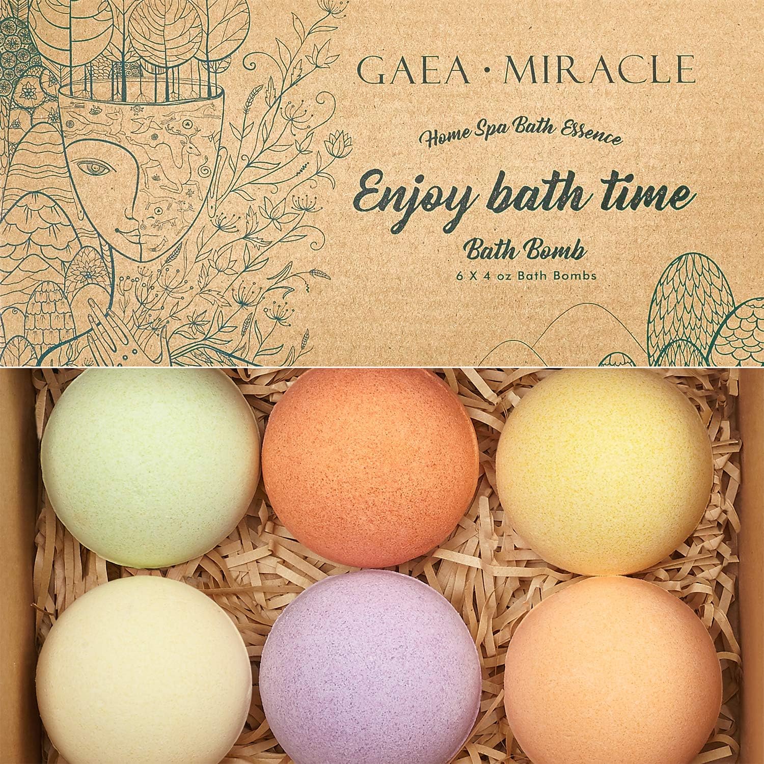 Gaea Miracle Bath Bombs Gift Set, 6 X 4.0 oz Spa Bomb Fizzies Vegan Natural Essential Oils Handmade Birthday Gift Idea for Her/Him, Wife, Girlfriend, Men, Women