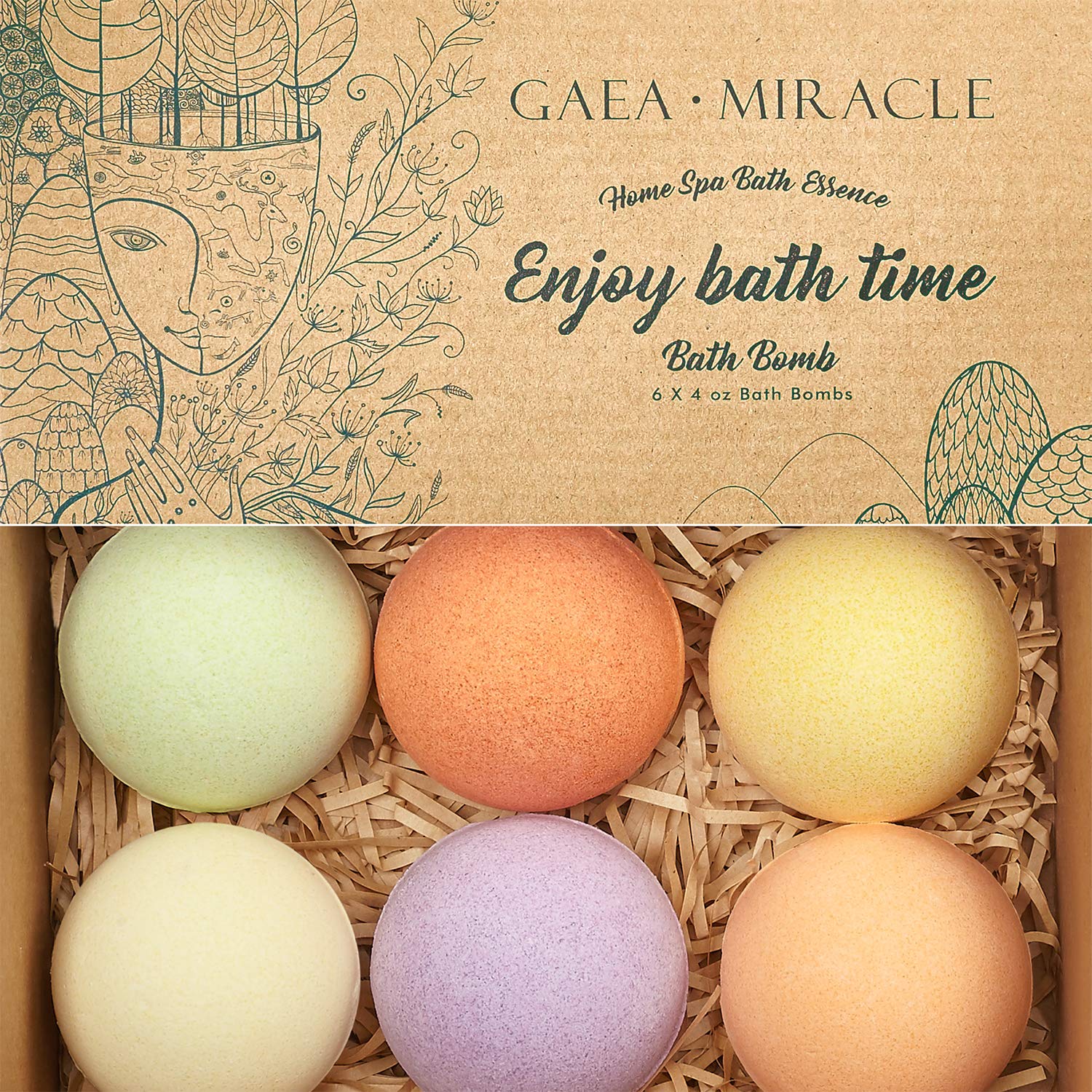 Gaea Miracle Bath bombs Gfit Set, 6 X 4.0 oz Spa Bomb Fizzies Vegan Natural Essential Oils Handmade Birthday Gift Idea for Her/Him, Wife, Girlfriend, Men, Women