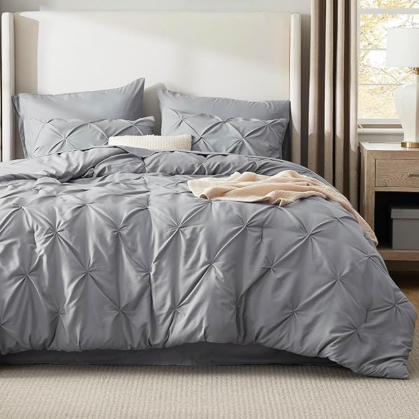Bedsure King Size Comforter Set - Bedding Sets King 7 Pieces, Pintuck Bed in a Bag Grey Bed Set with Comforter, Sheets, Pillowcases & Shams