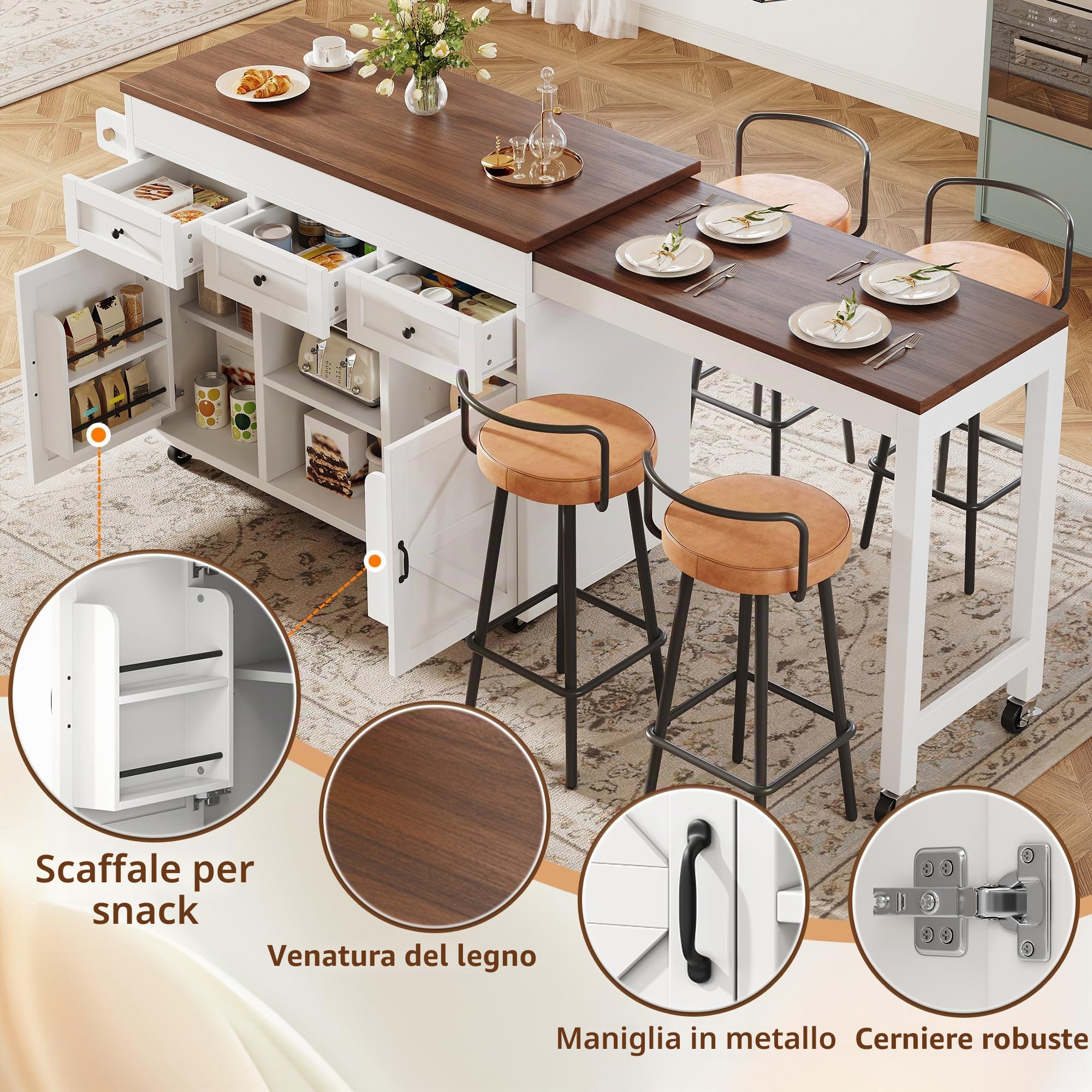 Kebnor Isola cucina con vano portaoggetti, tavolo da pranzo allungabile tavolo da bar (131,5-210 cm), girevole a 360°, con cassetti e armadi, piano di lavoro versatile per cucina, sala da pranzo e