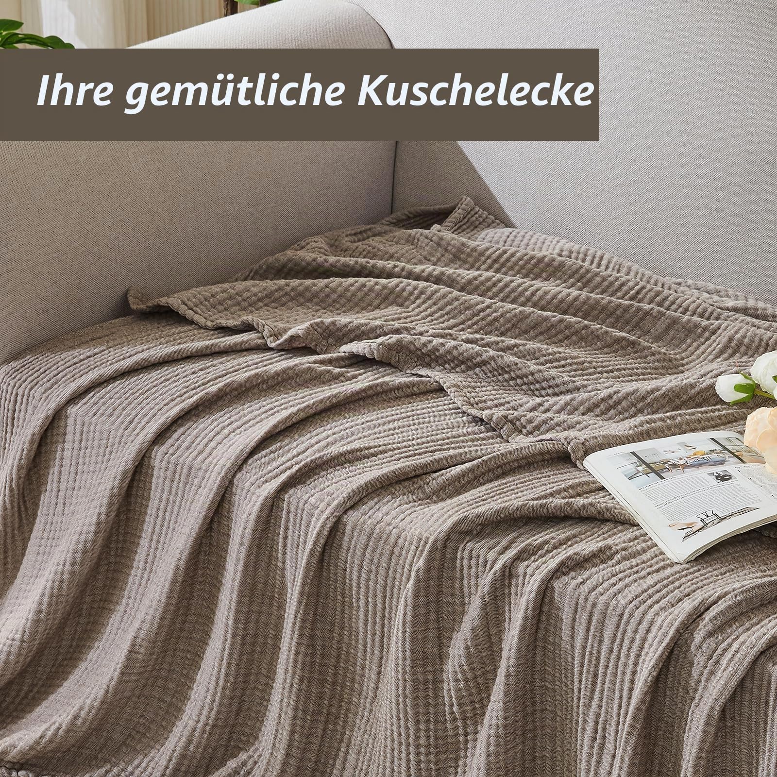 EMME Musselin Decke 167 x 230 Baumwolle Oeko-TEX Melange Braun Kuscheldecke | 4-Lagig Aus Zweifarbigem Garn – Weiche Tagesdecke Für Erwachsene, Atmungsaktiv Und Vorgewaschen, Ganzjährig Für Sofa & Bett