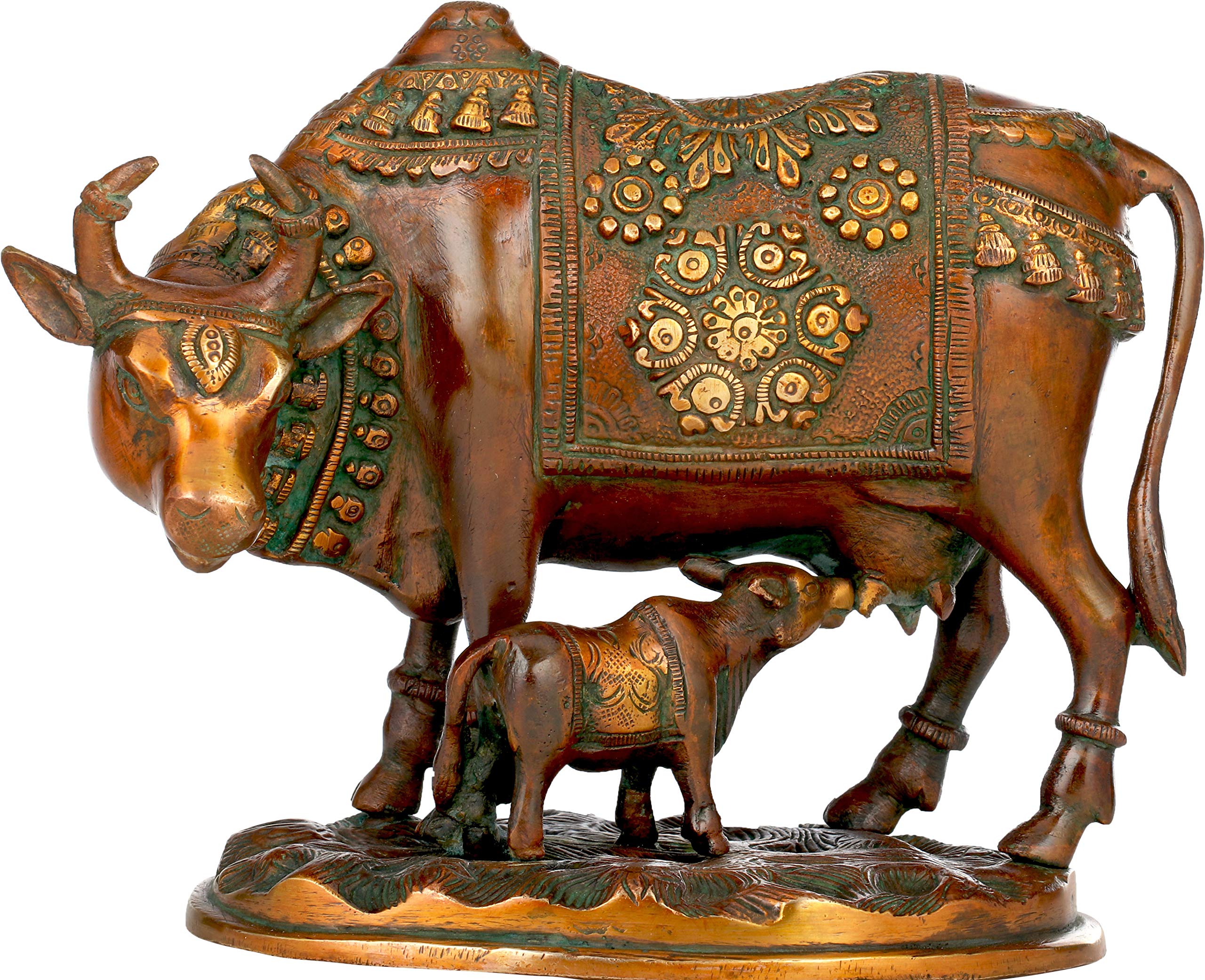 Statue en laiton vache sacrée Inde Double Chola : sculpture indienne Kamadhenu pour décoration