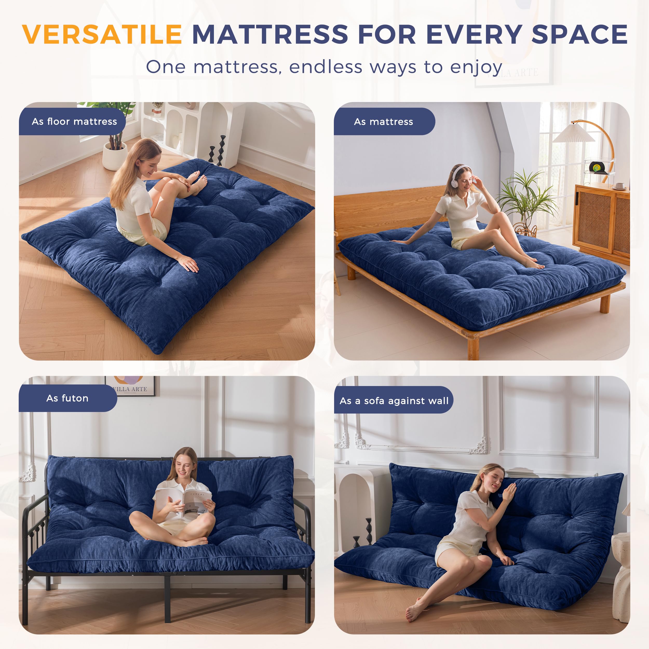 MAXYOYO Matelas Futon 2 Places Épais 15CM Garnissage en Mousse Déchiquetée, Tissu Chenille avec Boutonné Design, Enroulable Matelas de Sol/Futon Pliable Pratique (Cadre Non Inclus)